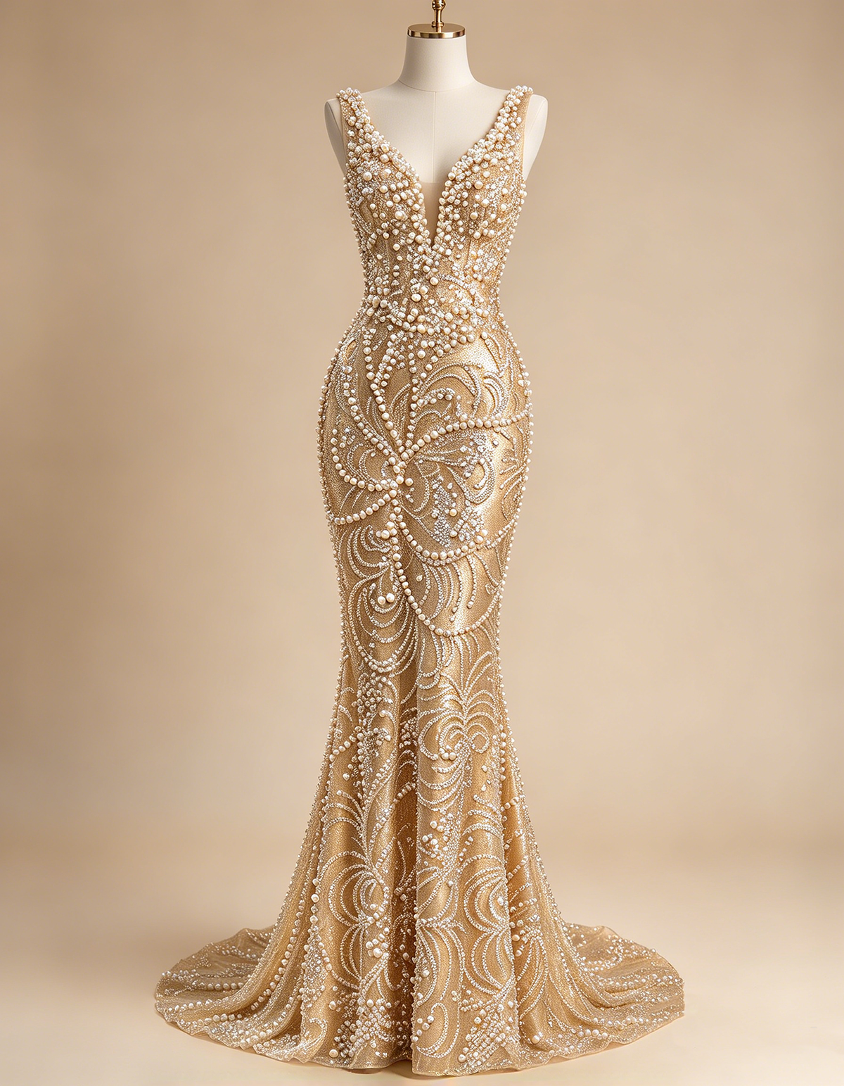 Champagne Deep V Sleeveless Pearl Beaded Mesh Maxi Dress