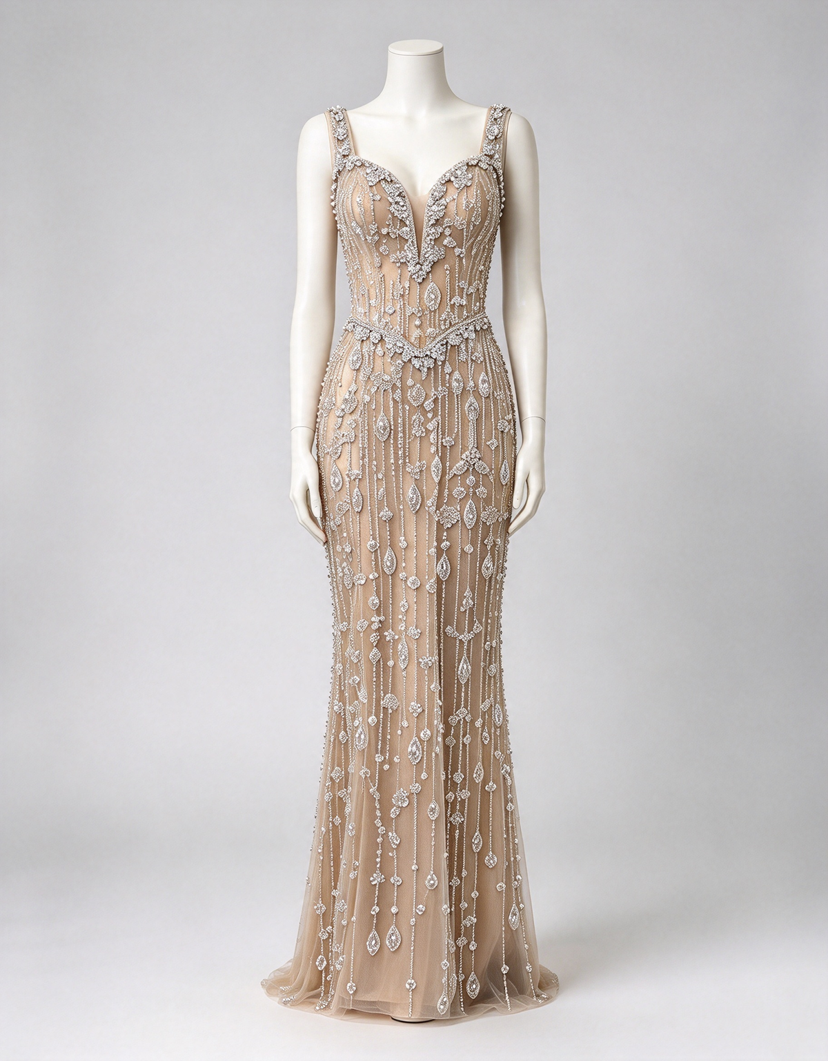 Light Champagne Heavy Beaded Spaghetti Strap Diamond Chain Maxi Dress