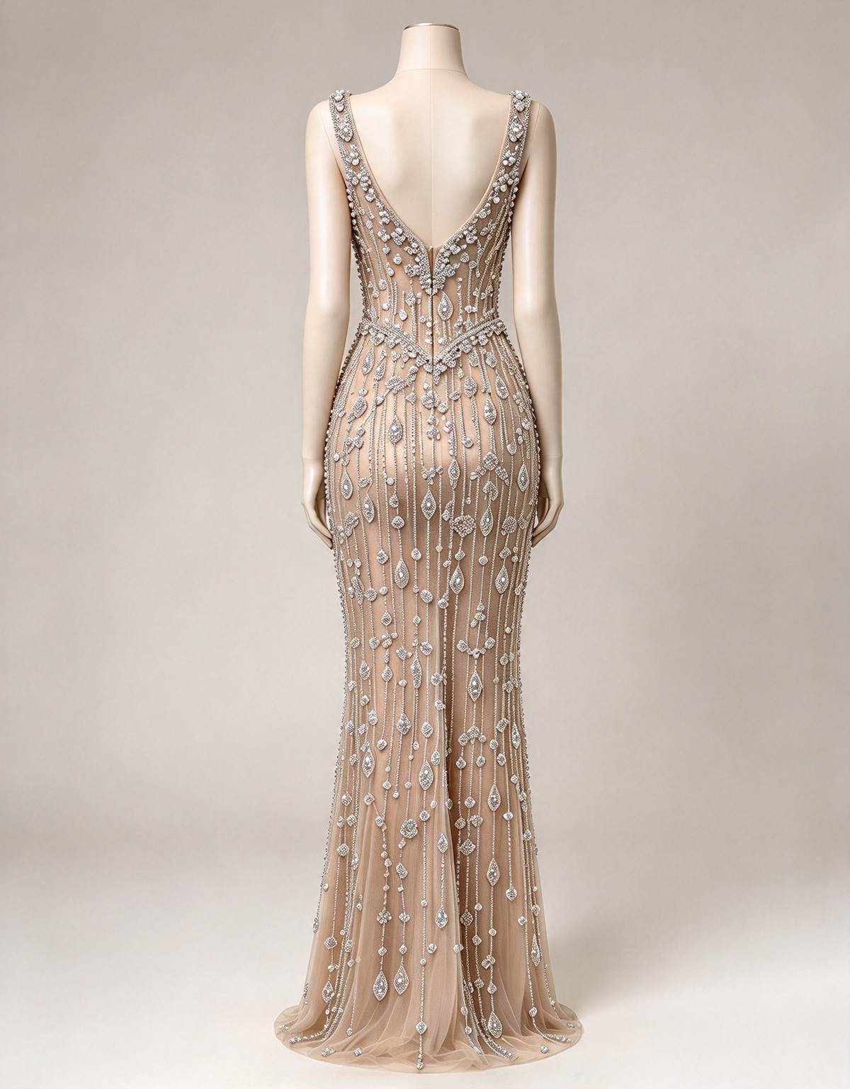 Light Champagne Heavy Beaded Spaghetti Strap Diamond Chain Maxi Dress