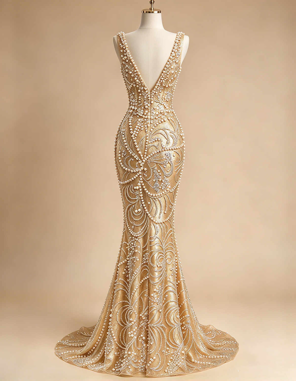 Champagne Deep V Sleeveless Pearl Beaded Mesh Maxi Dress