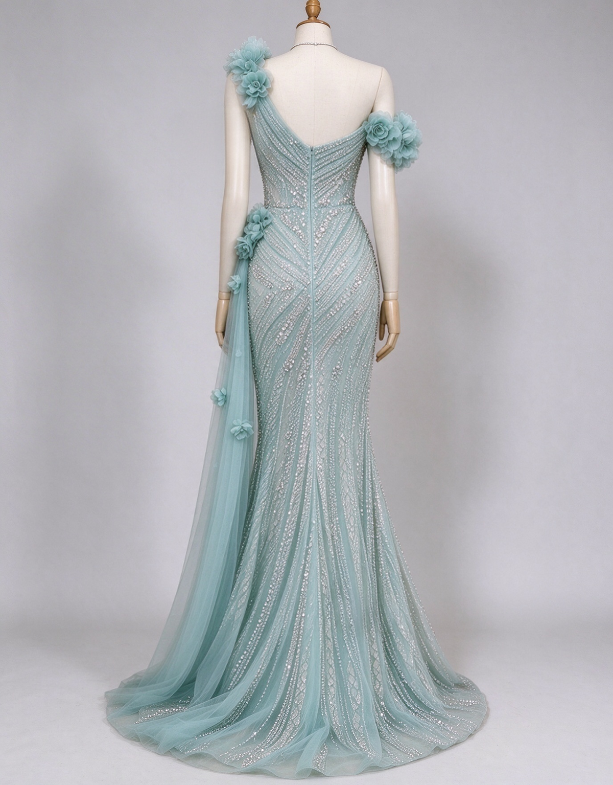 Teal Blue Heavy Beaded One-Shoulder 3D Floral Mermaid Evening Maxi Dress