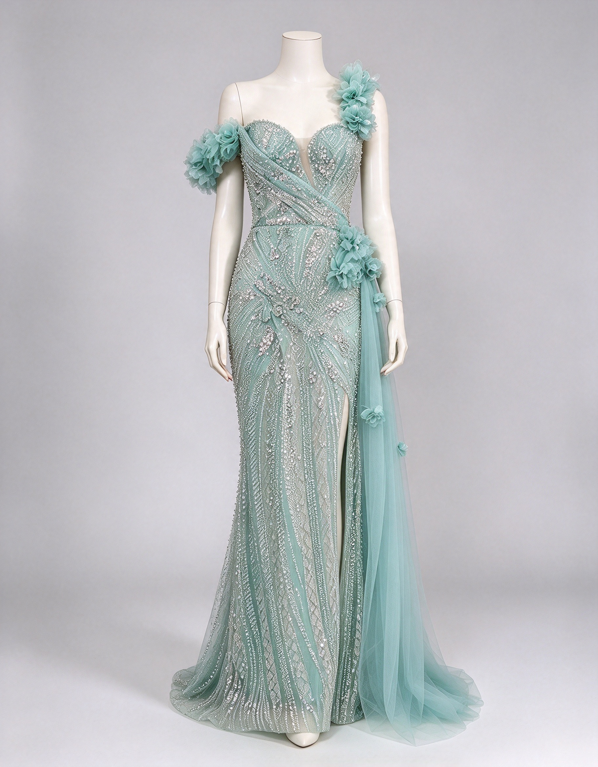 Teal Blue Heavy Beaded One-Shoulder 3D Floral Mermaid Evening Maxi Dress