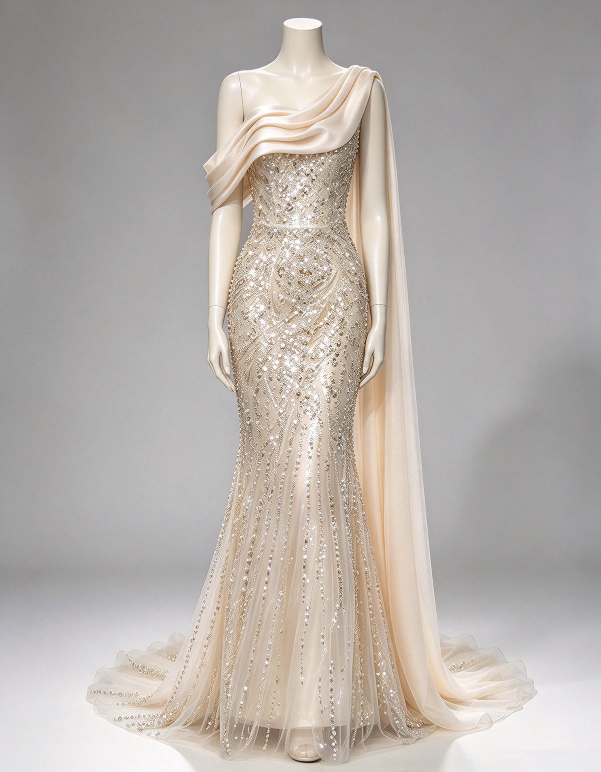 Champagne One-Shoulder Cape Sequin Beaded Maxi Dress
