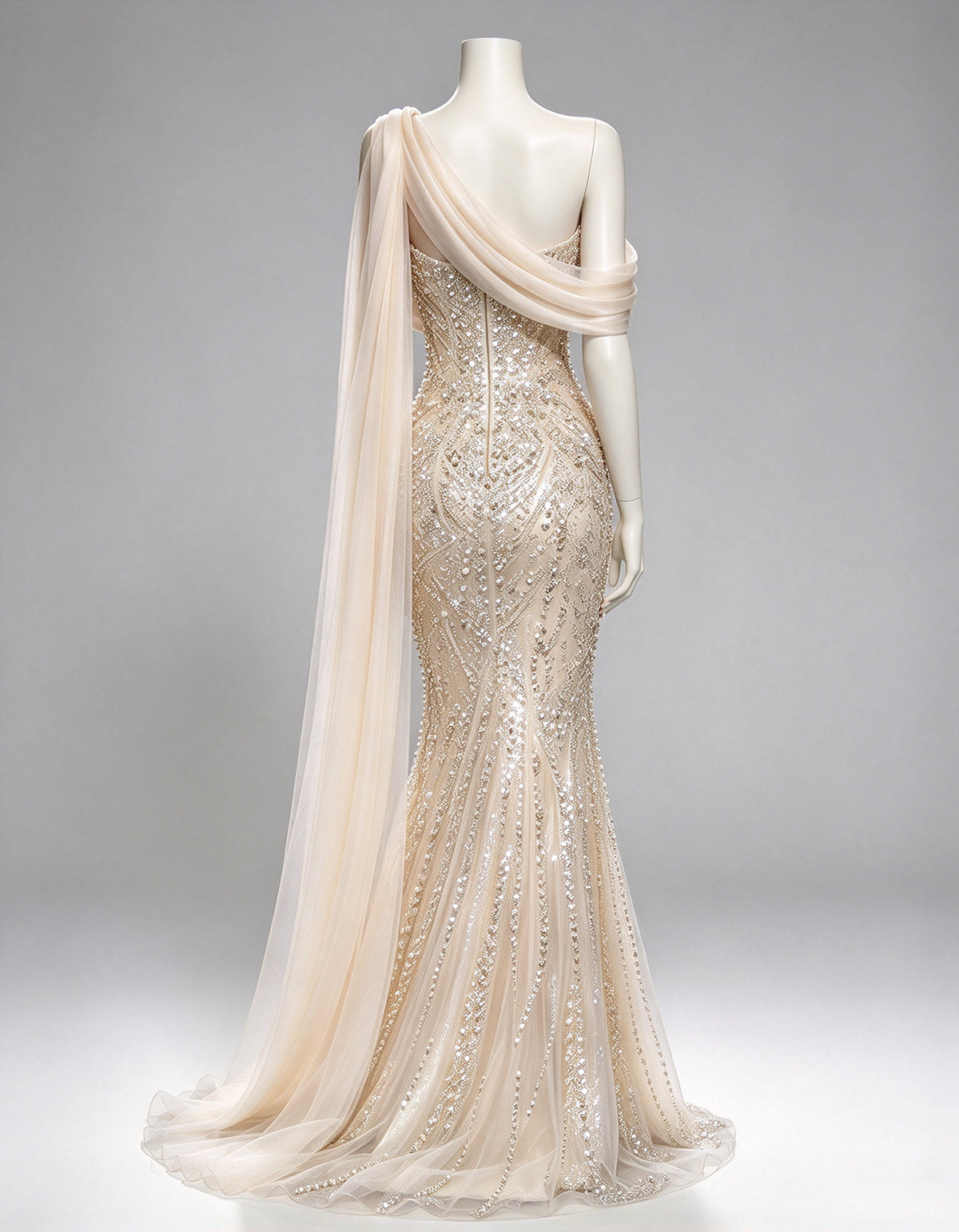 Champagne One-Shoulder Cape Sequin Beaded Maxi Dress