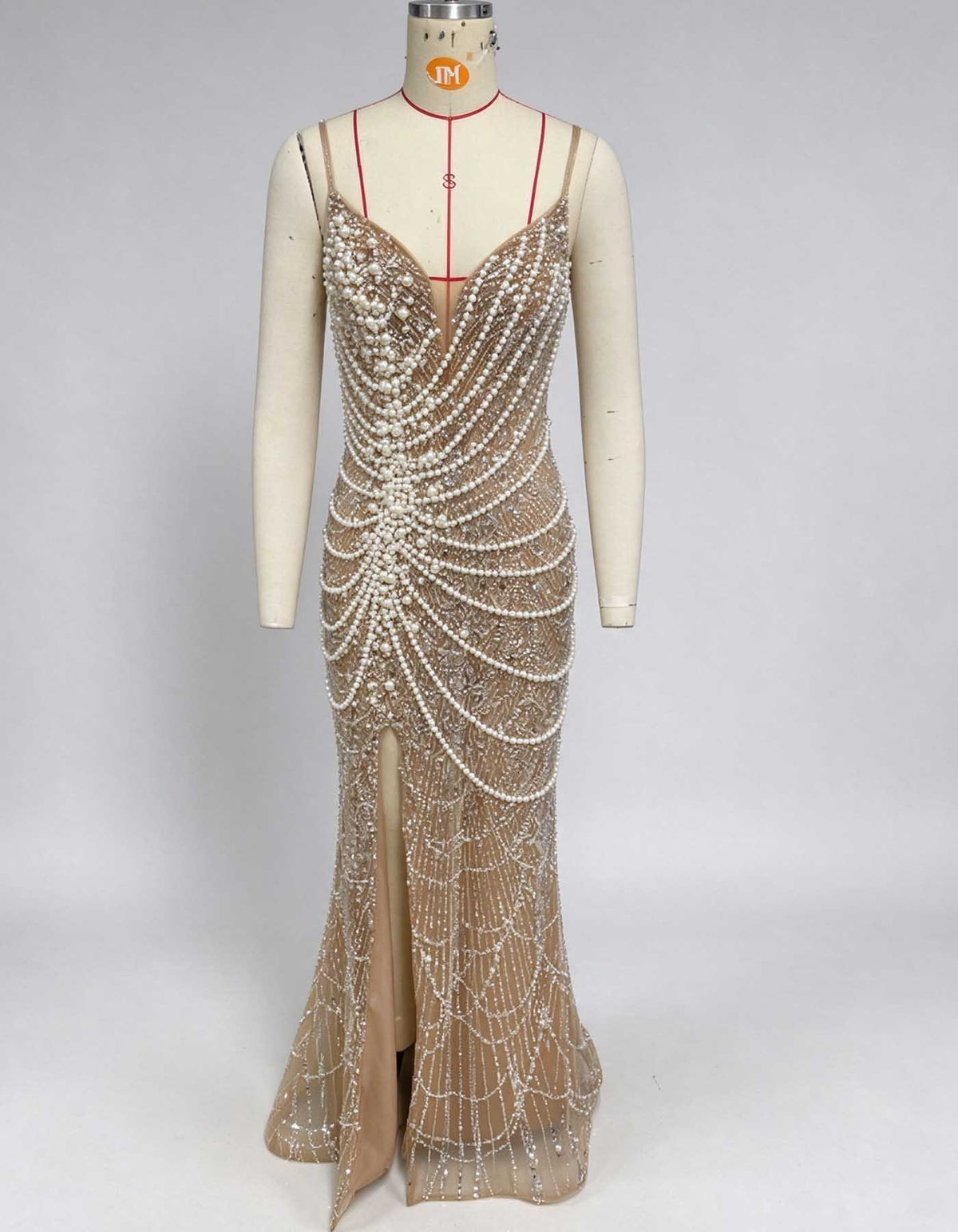 Nude V-Neck Pearl Rhinestone Beaded Slit Evening Gown