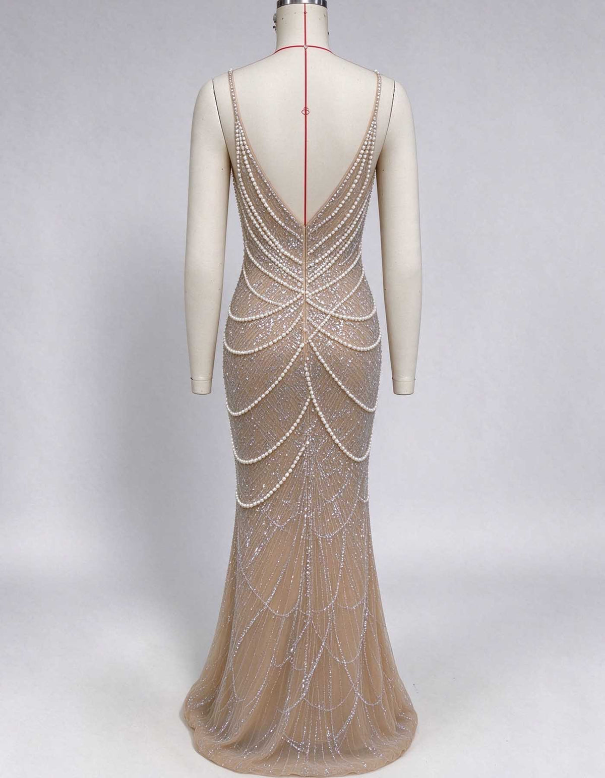 Nude V-Neck Pearl Rhinestone Beaded Slit Evening Gown