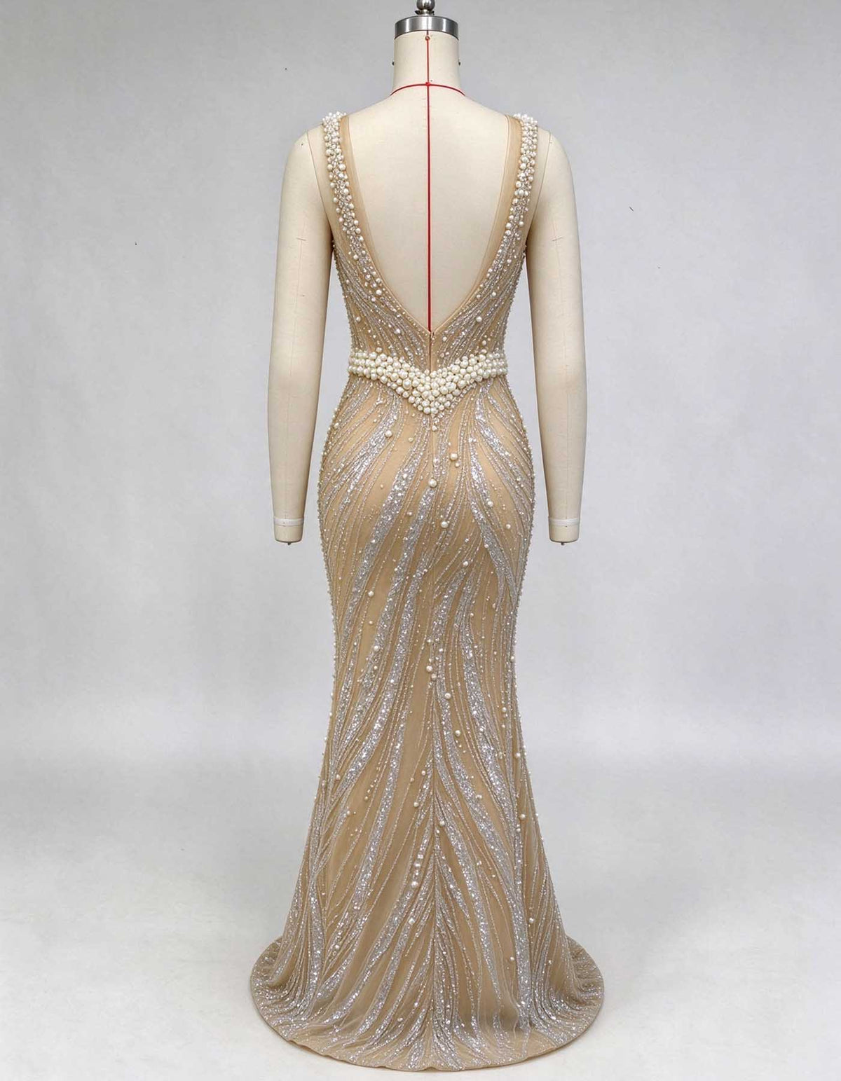 Nude Square Neck Beaded Pearl Rhinestone Evening Gown
