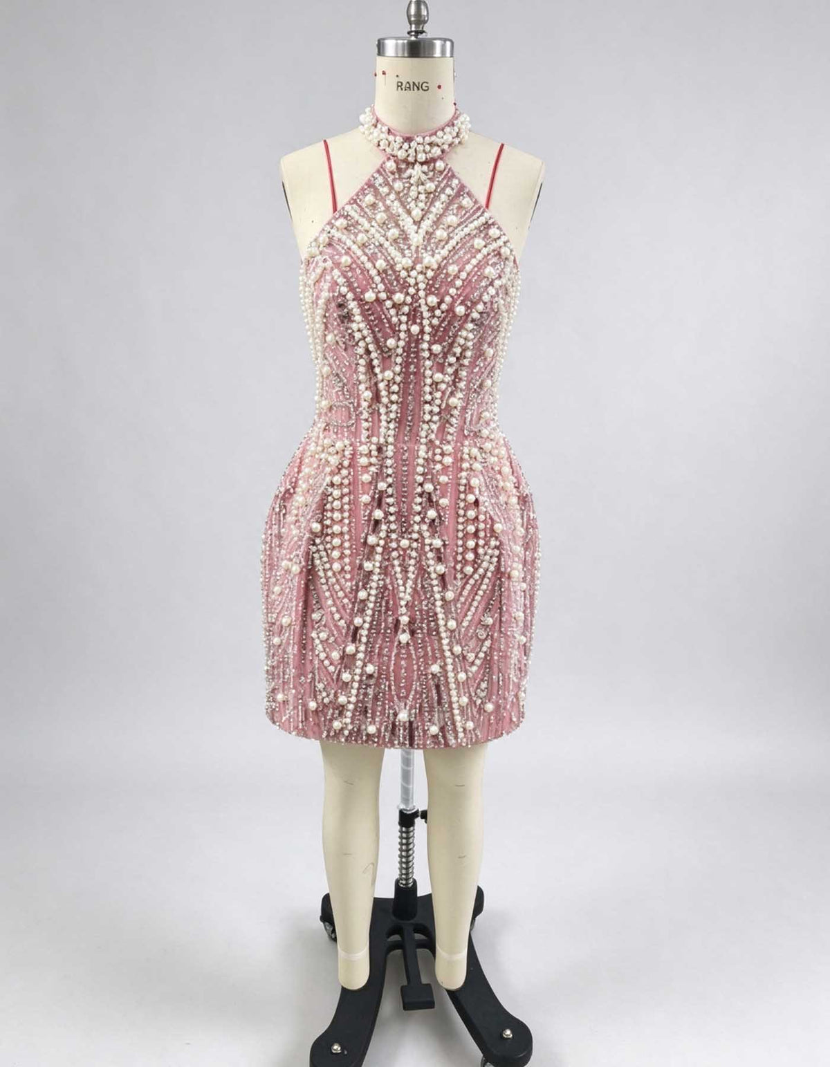 Pink Halter Pearl Rhinestone Beaded Evening Gown