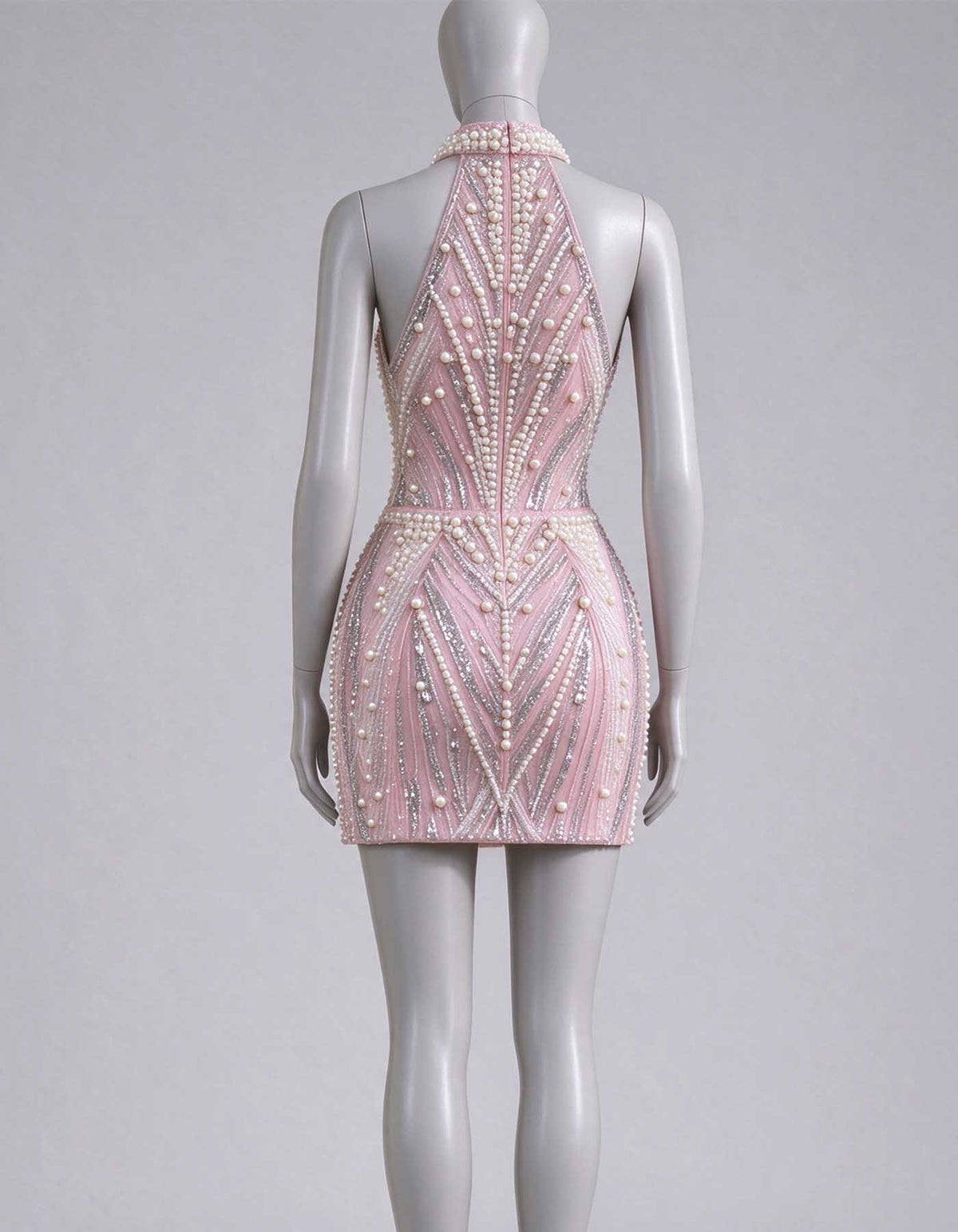 Pink Halter Pearl Rhinestone Beaded Evening Gown