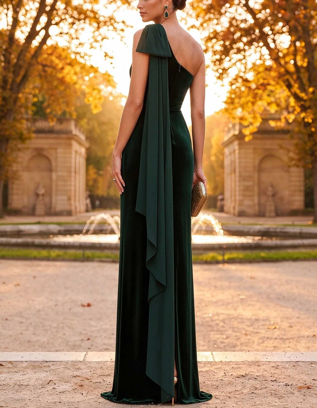 Jägergrünes One-Shoulder-Maxikleid aus Samt und Chiffon mit geraffter Taille