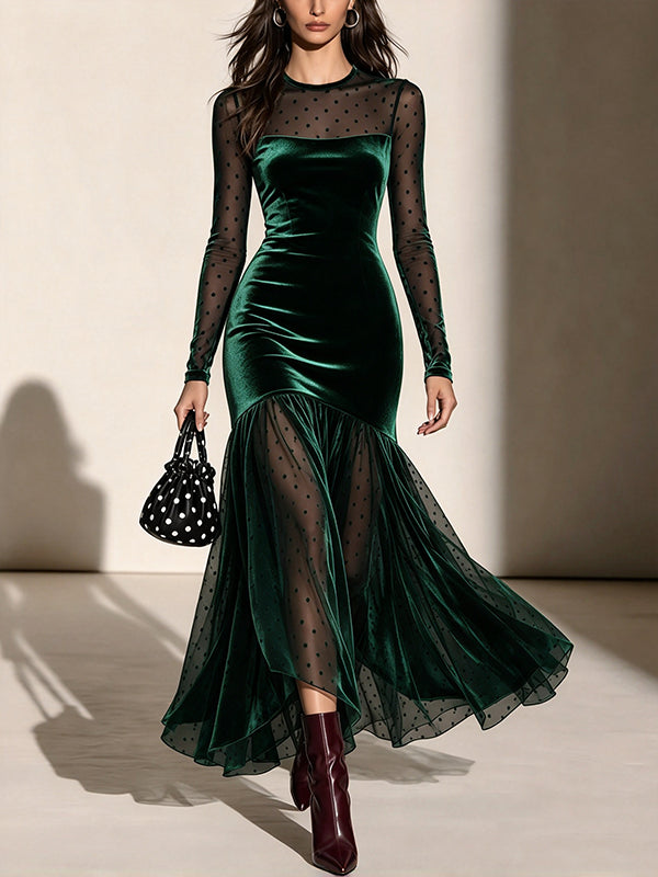 Vestido largo de tul y terciopelo color burdeos con lunares