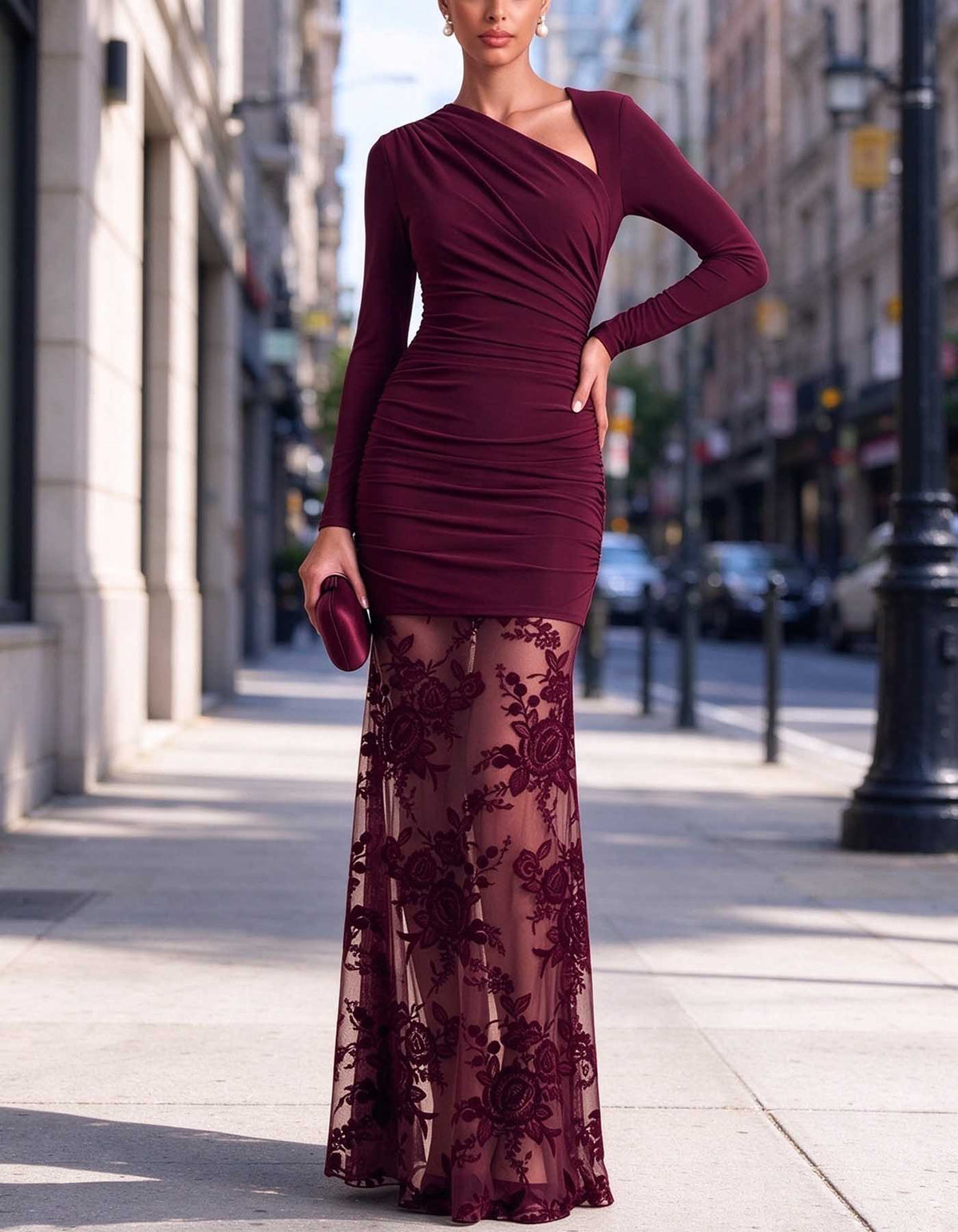 Vestido largo de manga larga con escote asimétrico con abertura y cintura fruncida