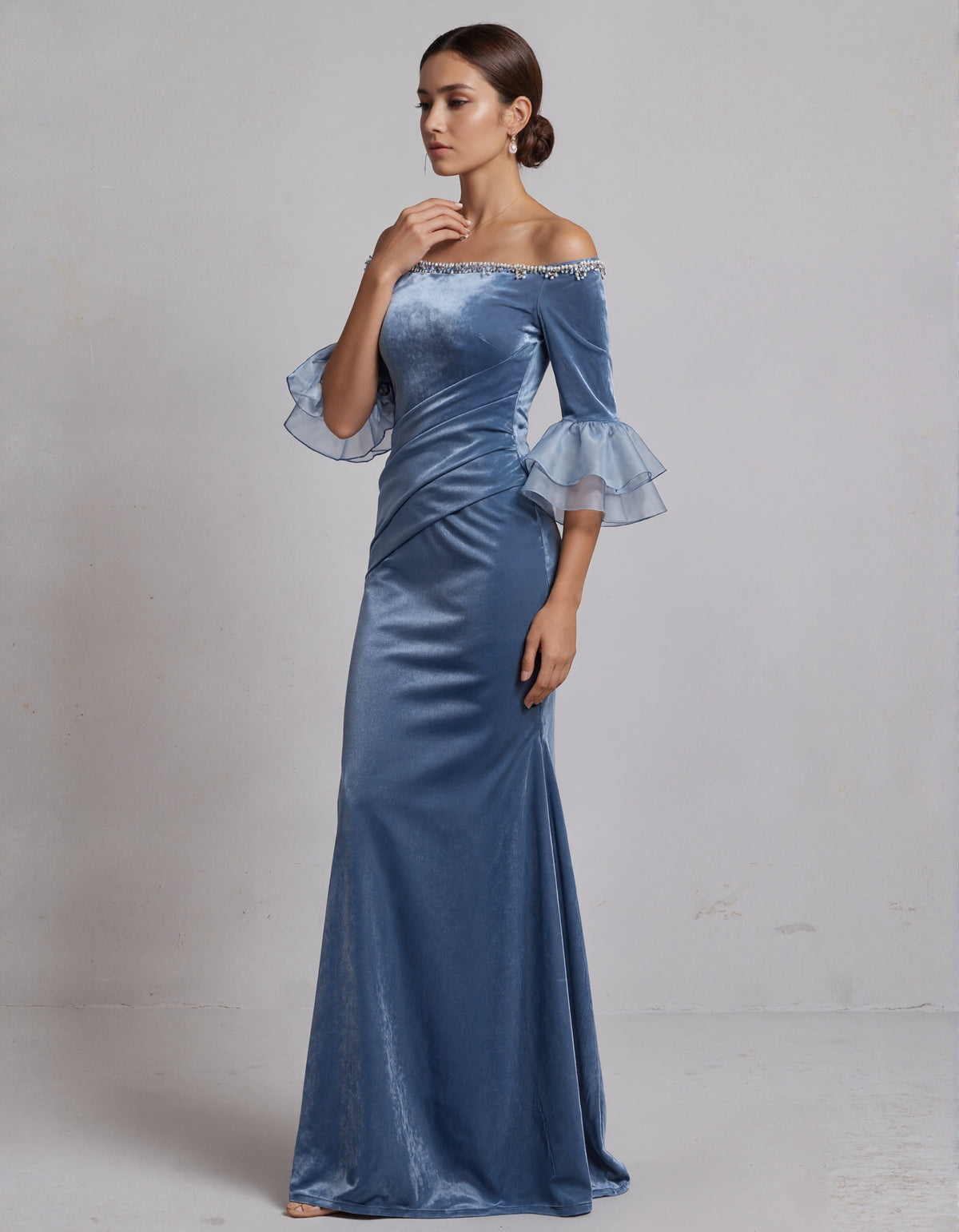 Dusty Blue Off The Shoulder Velvet Maxi Dress