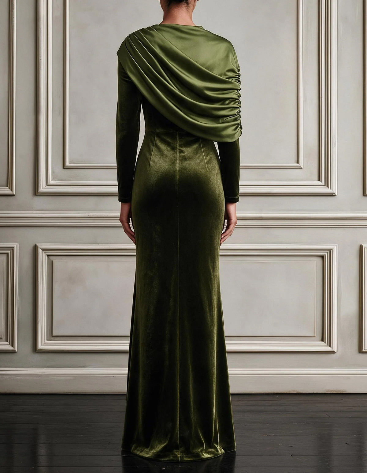 Vestido largo estilo capa de diseño con paneles de satén verde oliva