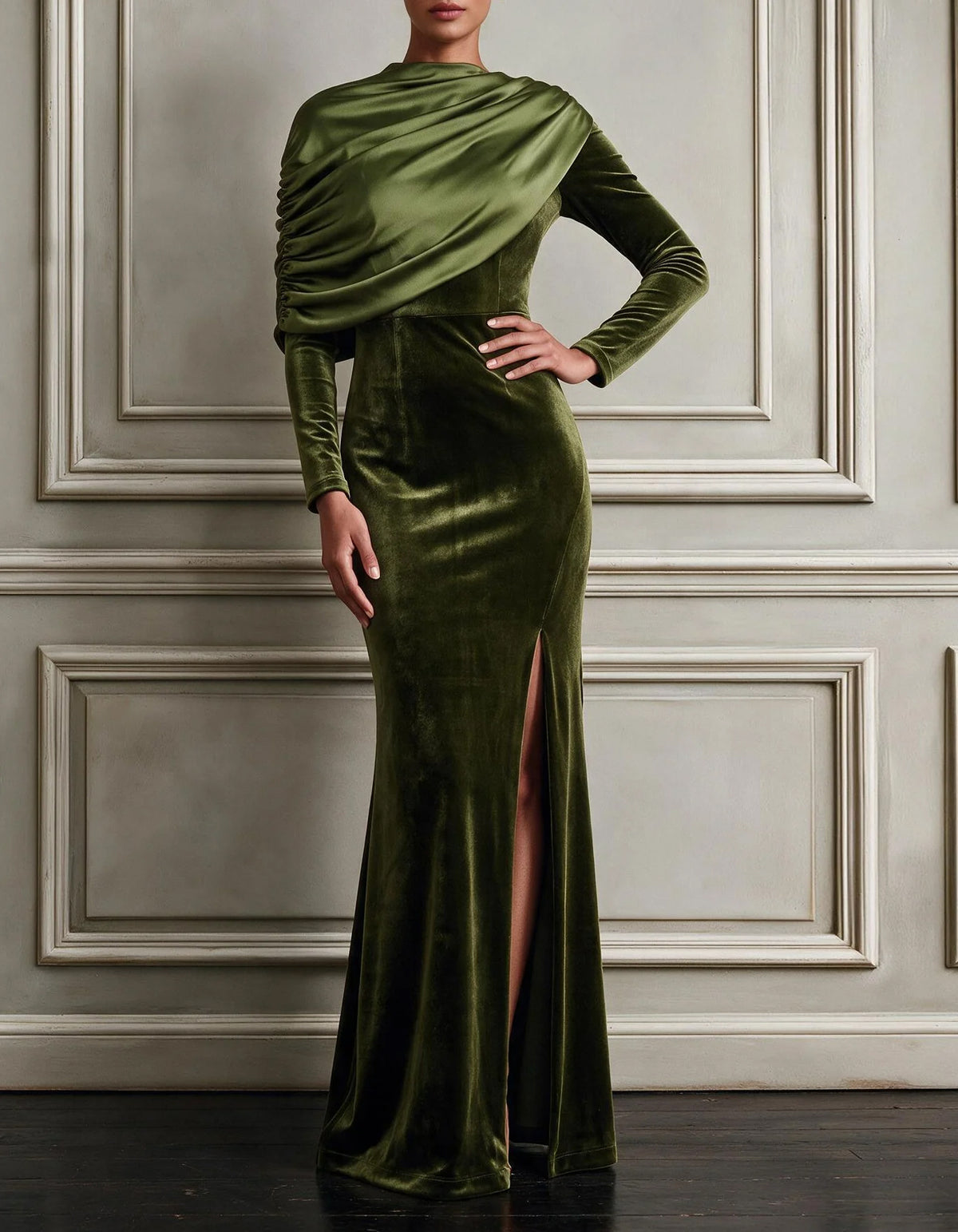 Vestido largo estilo capa de diseño con paneles de satén verde oliva
