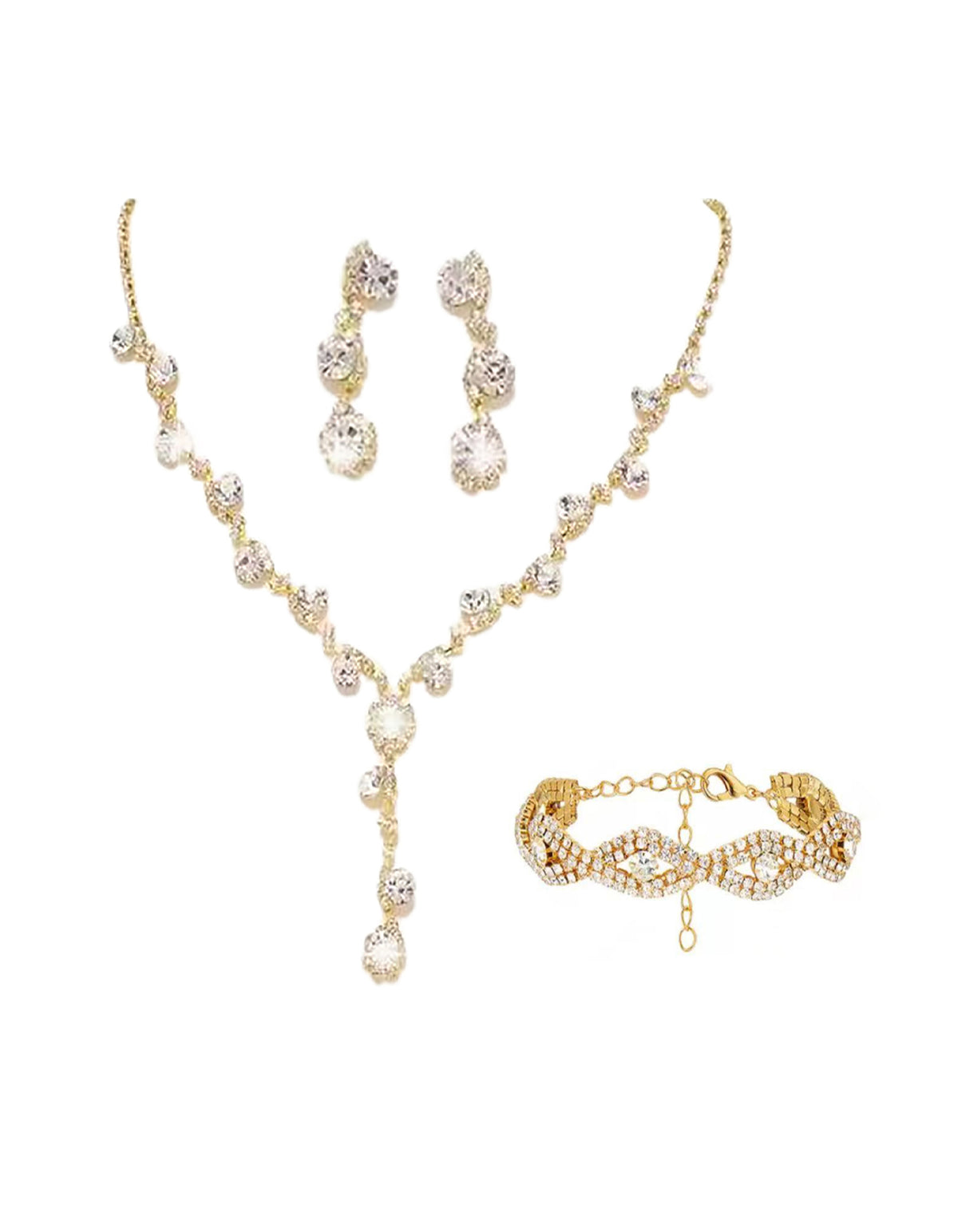 Parure 3 pièces composée d’un collier, de boucles d’oreilles et d’un bracelet à chaîne ornée de strass
