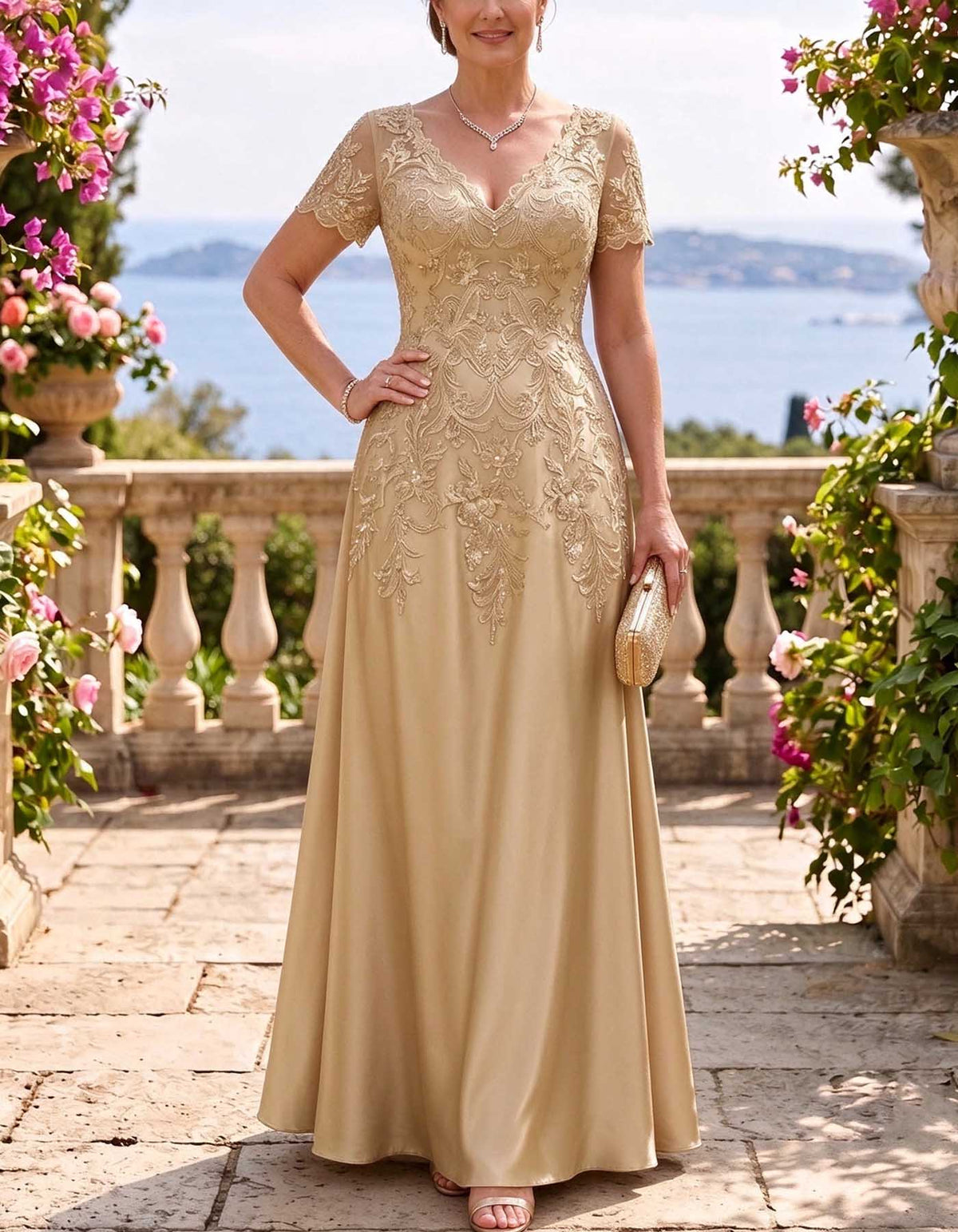 Rochie maxi din satin culoarea șampaniei, cu decolteu în V, mâneci scurte și aplicații din dantelă