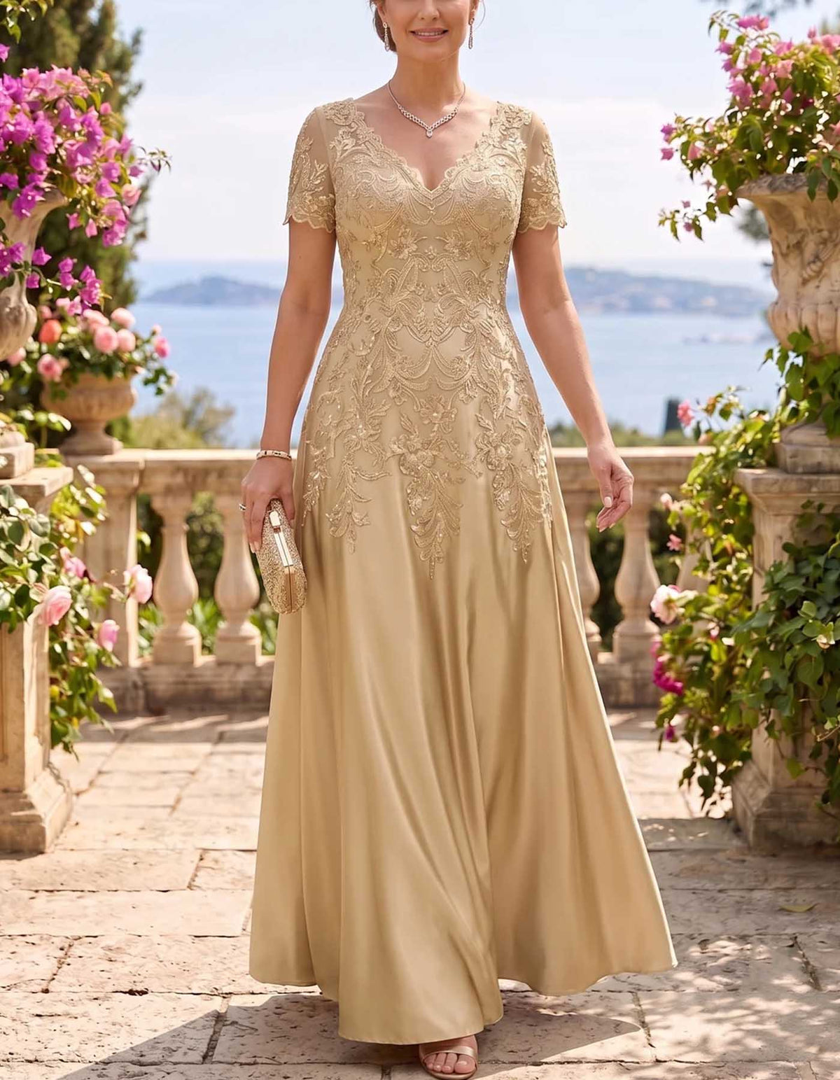 Rochie maxi din satin culoarea șampaniei, cu decolteu în V, mâneci scurte și aplicații din dantelă