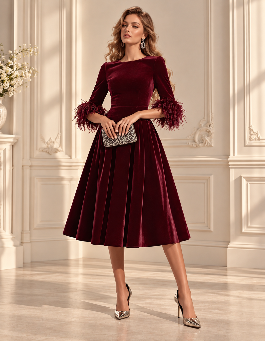 Robe midi en velours bordeaux avec poignets en plumes