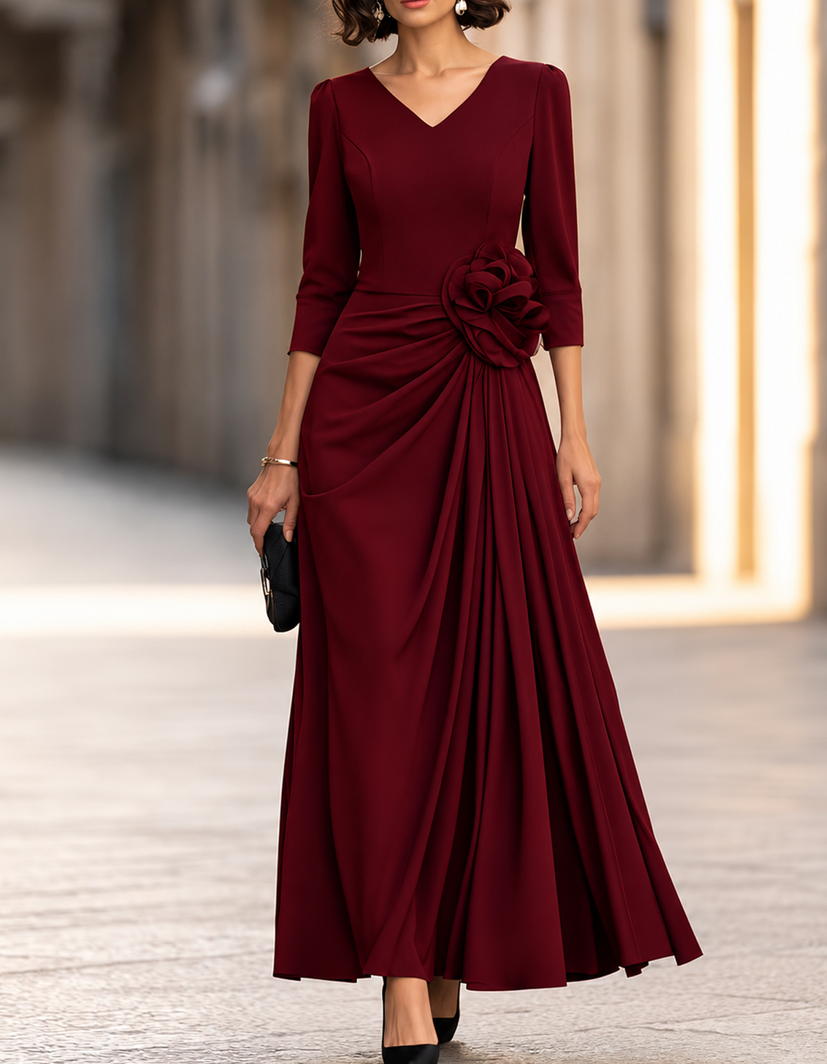 Vestido comprido com decote em V, mangas 3/4 e flores 3D