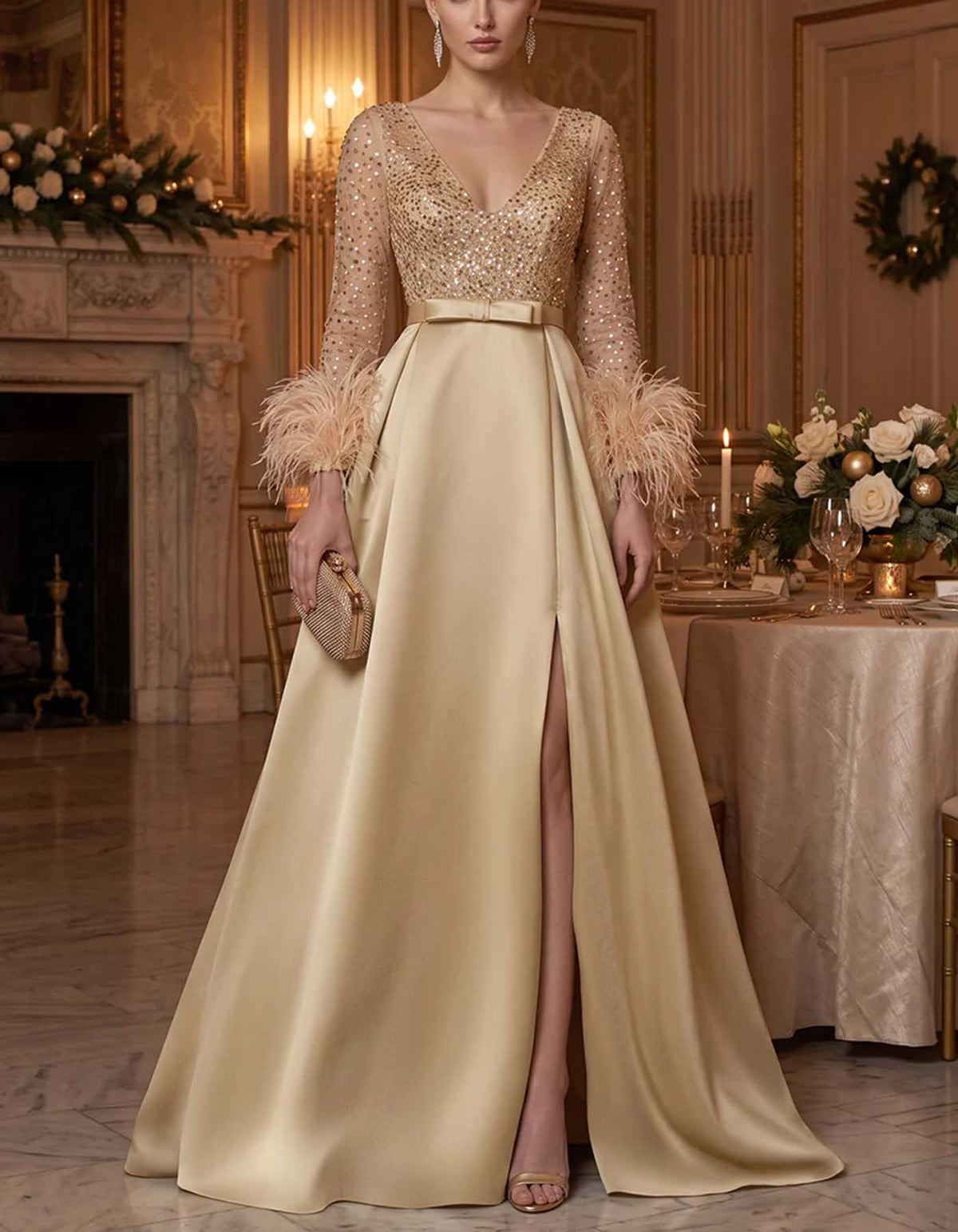 Champagne Sequin Feather Cuff Satin A-Line Maxi Dress