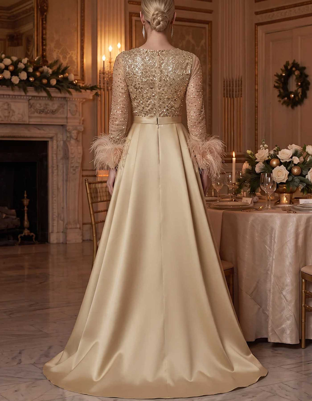 Champagne Sequin Feather Cuff Satin A-Line Maxi Dress