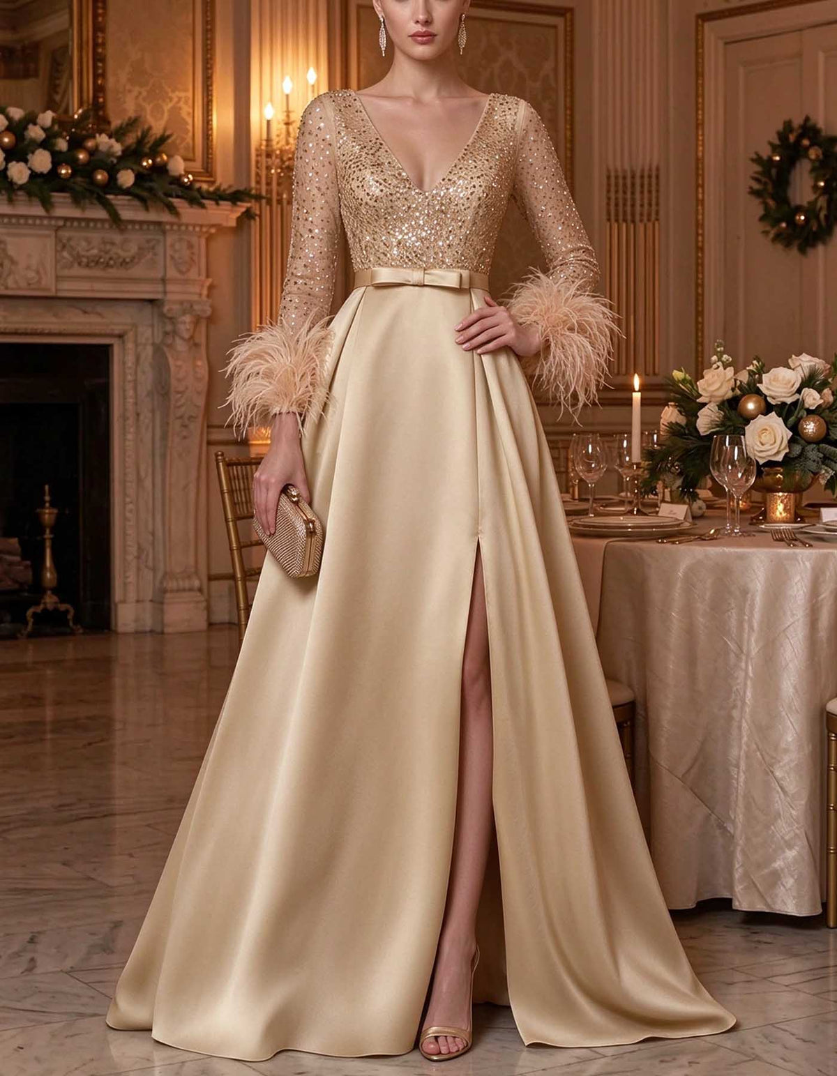 Champagne Sequin Feather Cuff Satin A-Line Maxi Dress