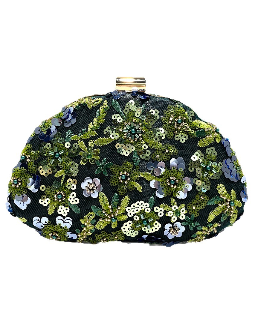 Dark Green Sequins Floral Embroidery Evening Clutch