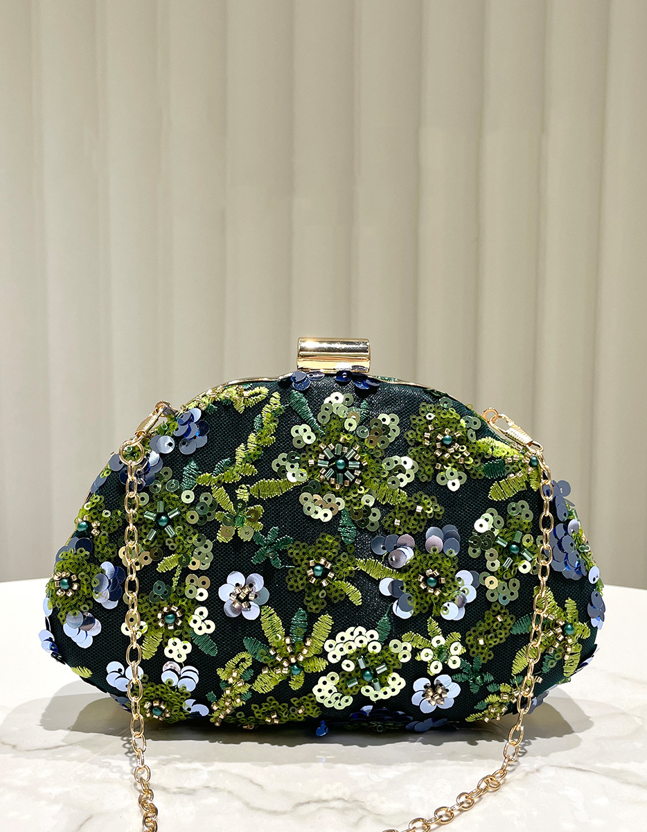 Dark Green Sequins Floral Embroidery Evening Clutch