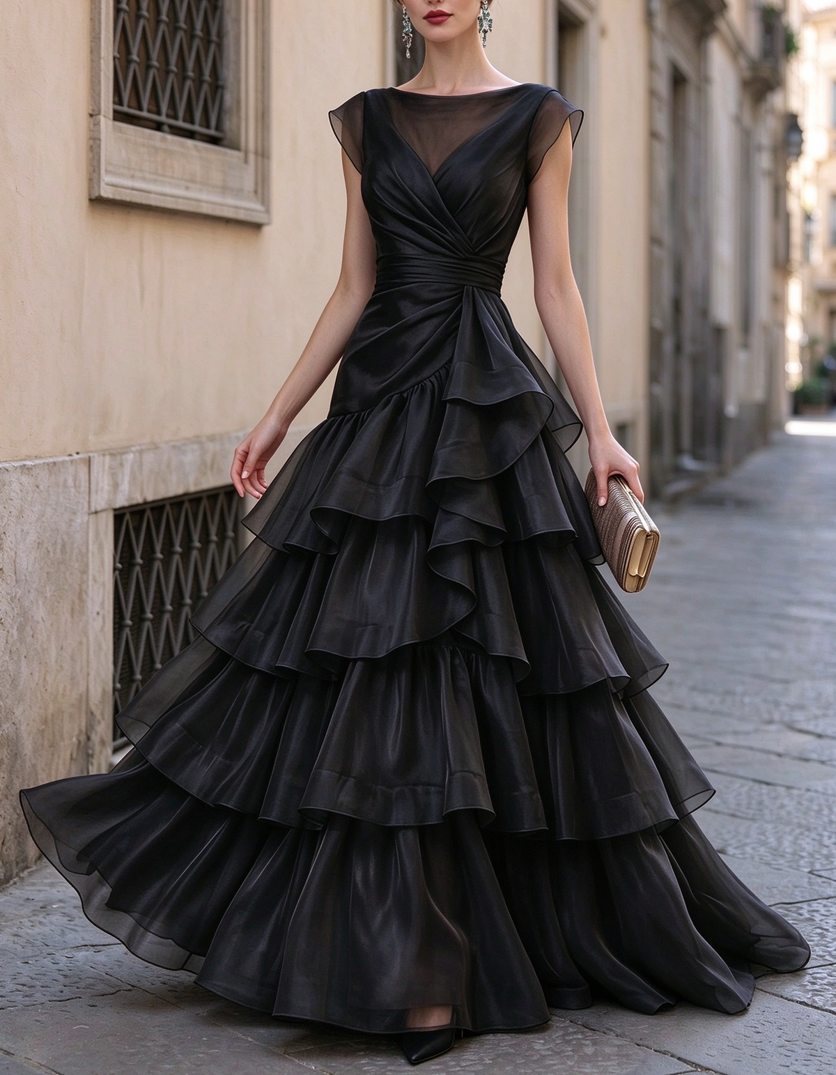Vestido maxi de noite em organza com folhos em camadas e decote barco