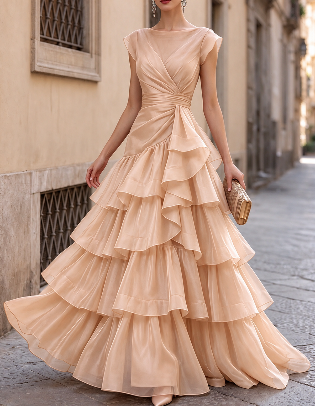 Vestido maxi de noite em organza com folhos em camadas e decote barco