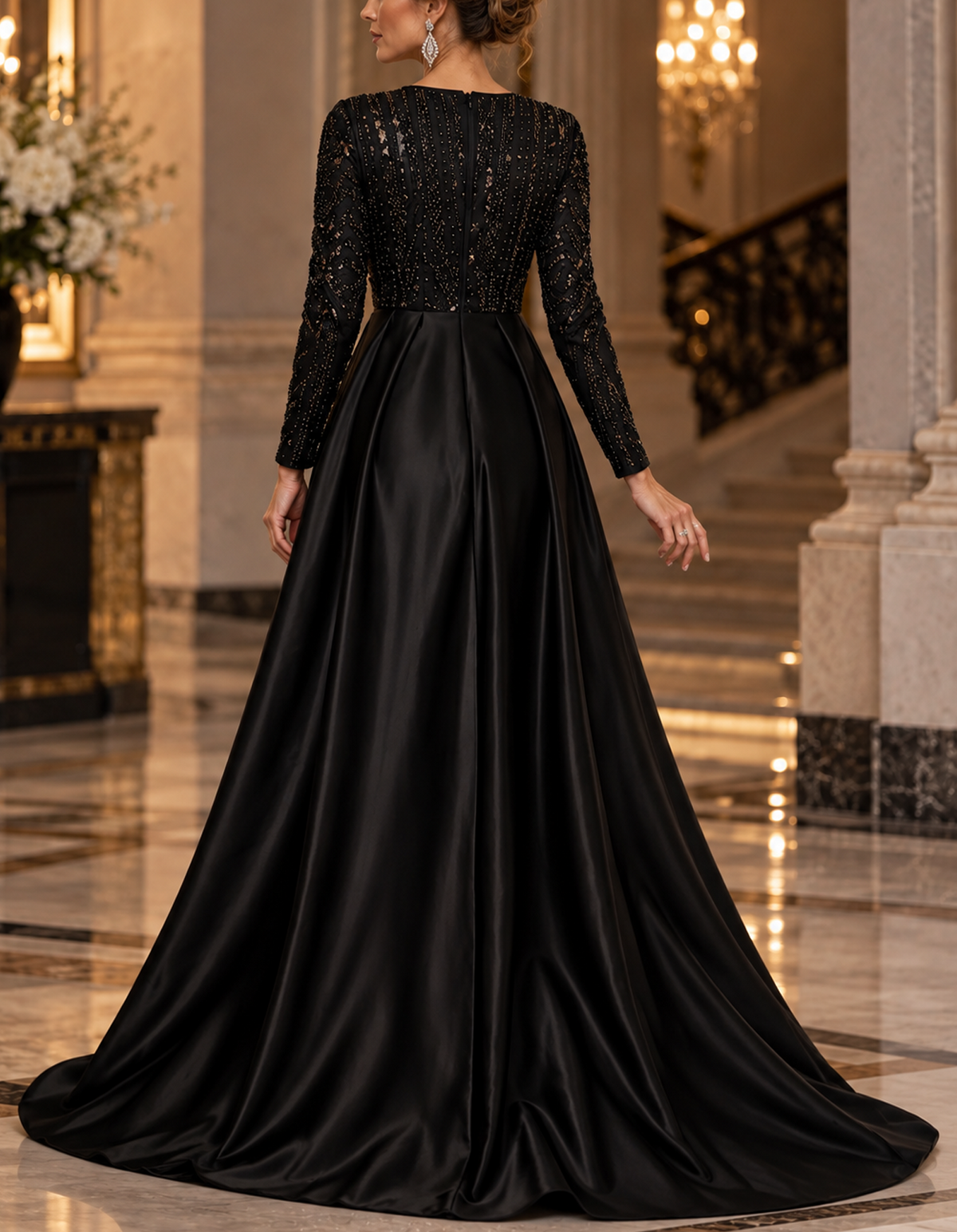 Round Neck Long Sleeve Beaded Mermaid with Satin Overskirt Maxi Dress