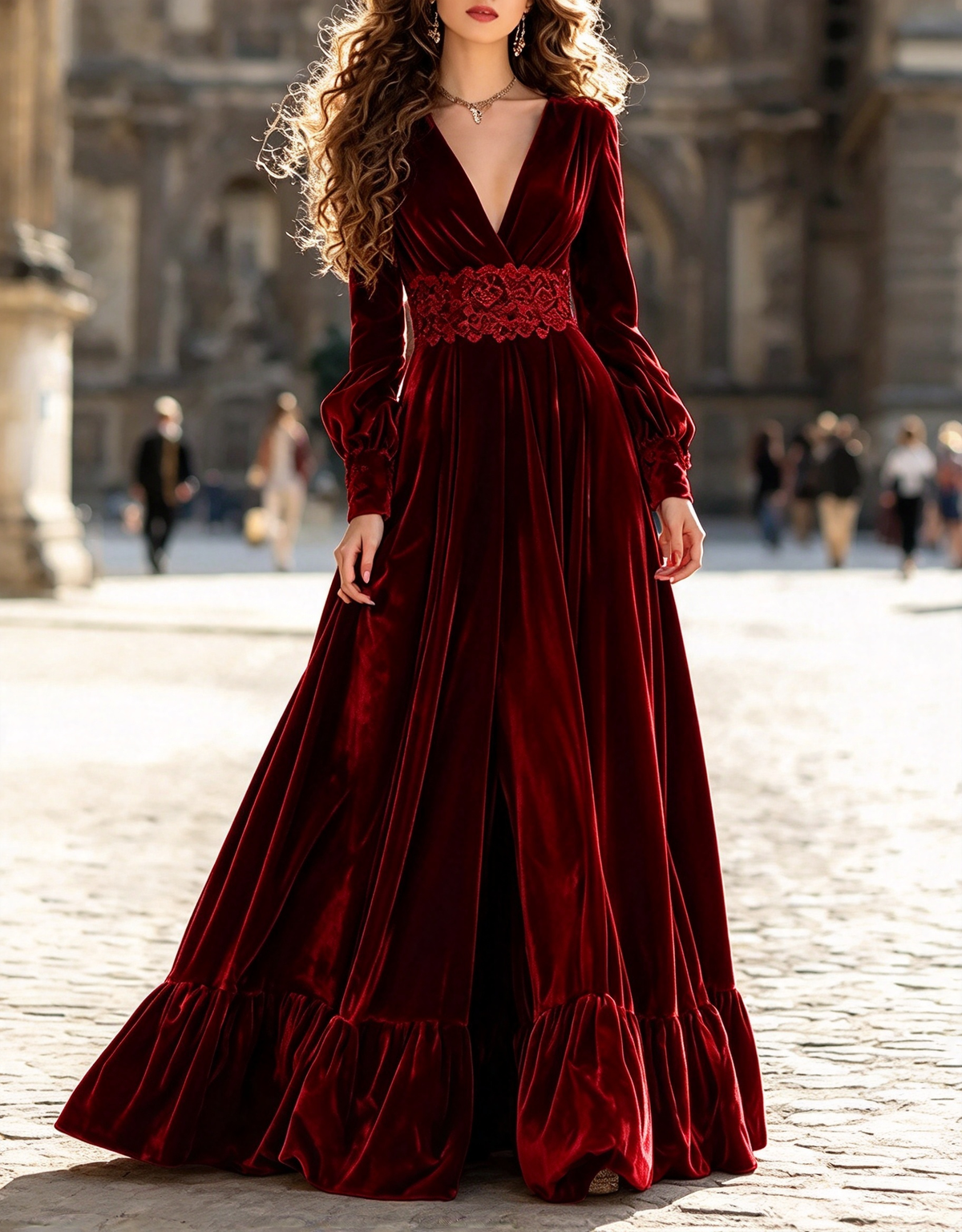 Vestido de noche largo acampanado de terciopelo con escote en V, mangas abullonadas, cintura de encaje y volantes