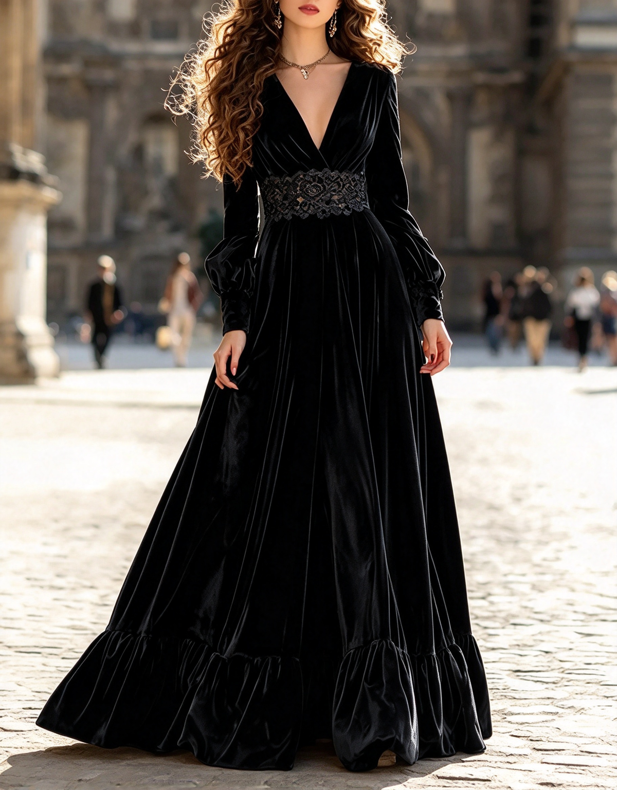 Vestido de noche largo acampanado de terciopelo con escote en V, mangas abullonadas, cintura de encaje y volantes