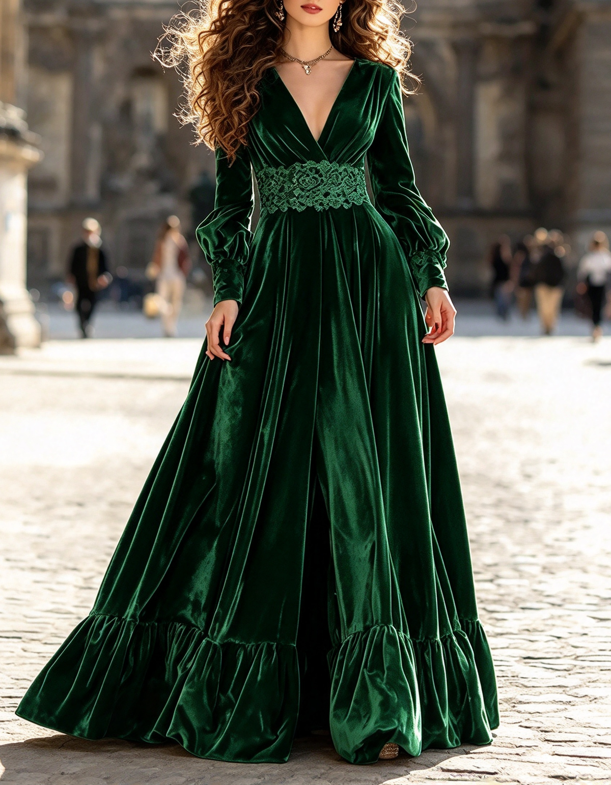 Vestido de noche largo acampanado de terciopelo con escote en V, mangas abullonadas, cintura de encaje y volantes