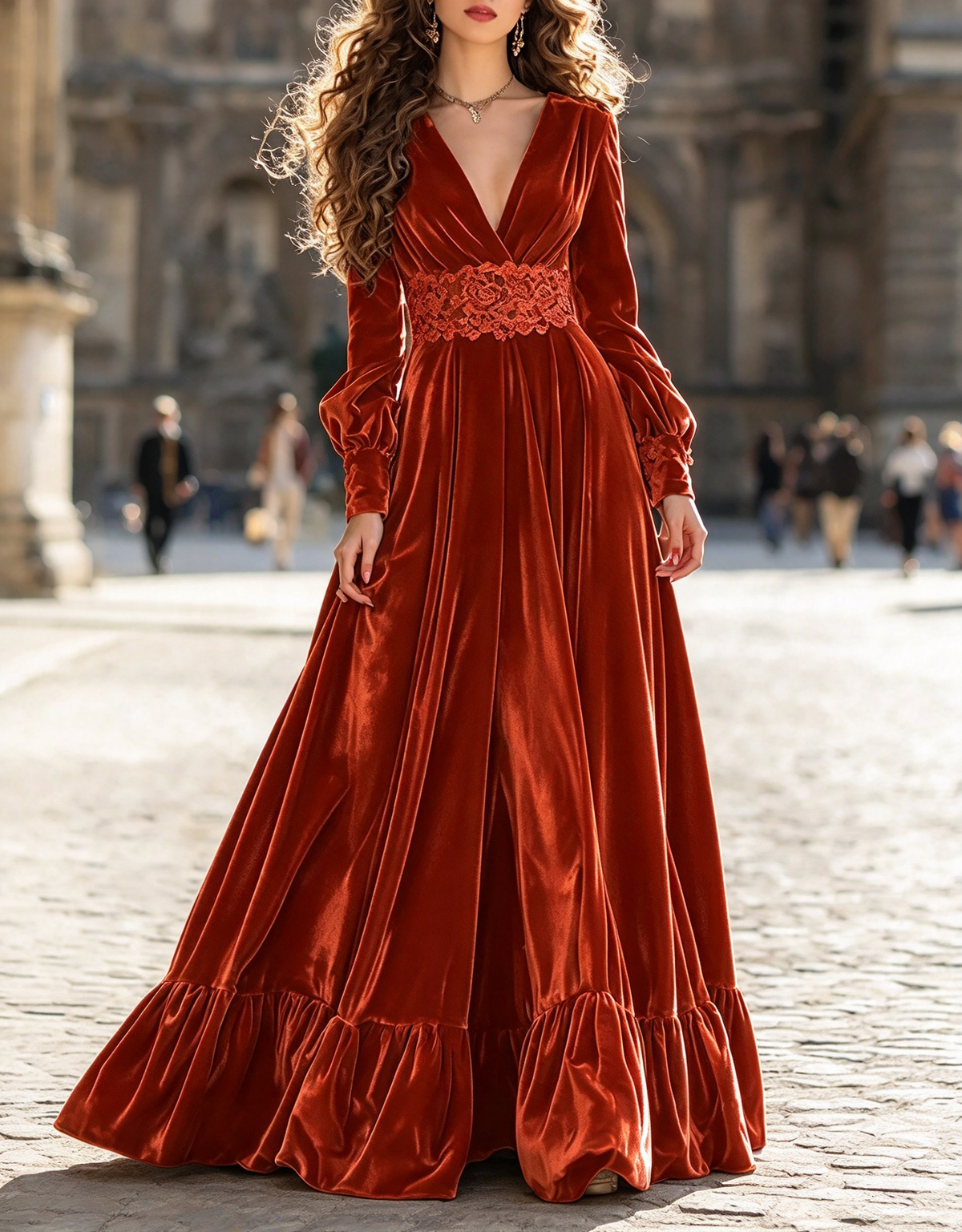 Vestido de noche largo acampanado de terciopelo con escote en V, mangas abullonadas, cintura de encaje y volantes