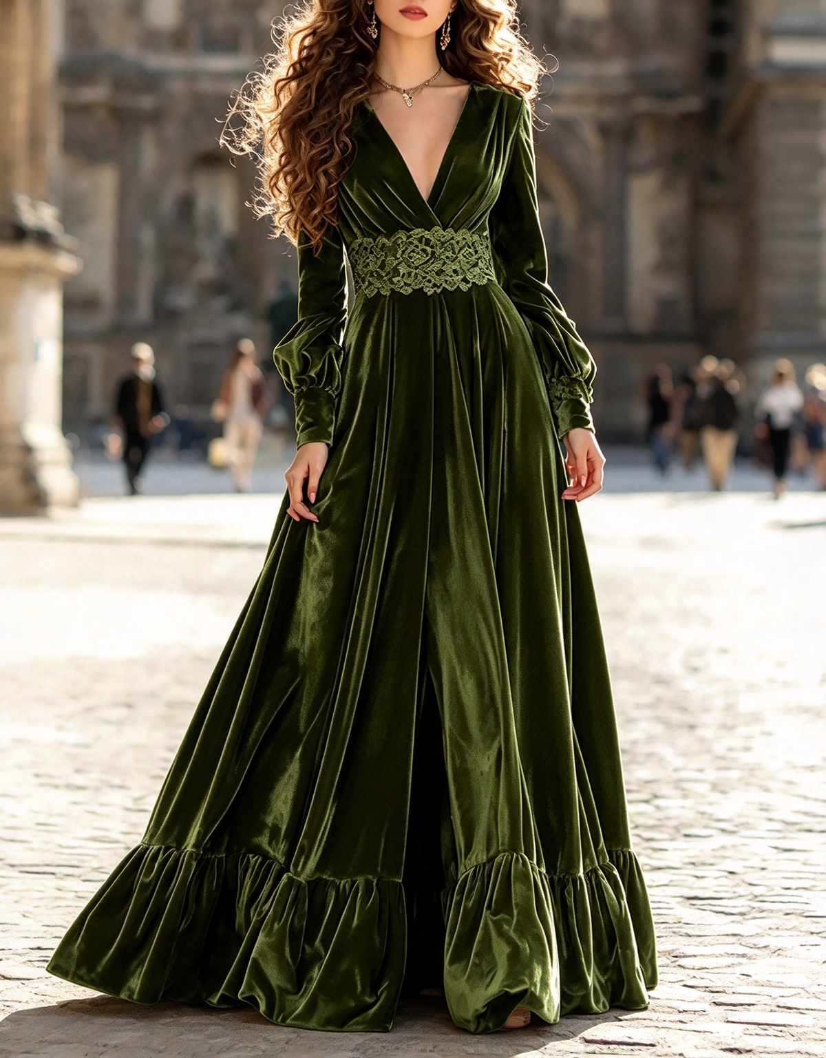 Vestido de noche largo acampanado de terciopelo con escote en V, mangas abullonadas, cintura de encaje y volantes