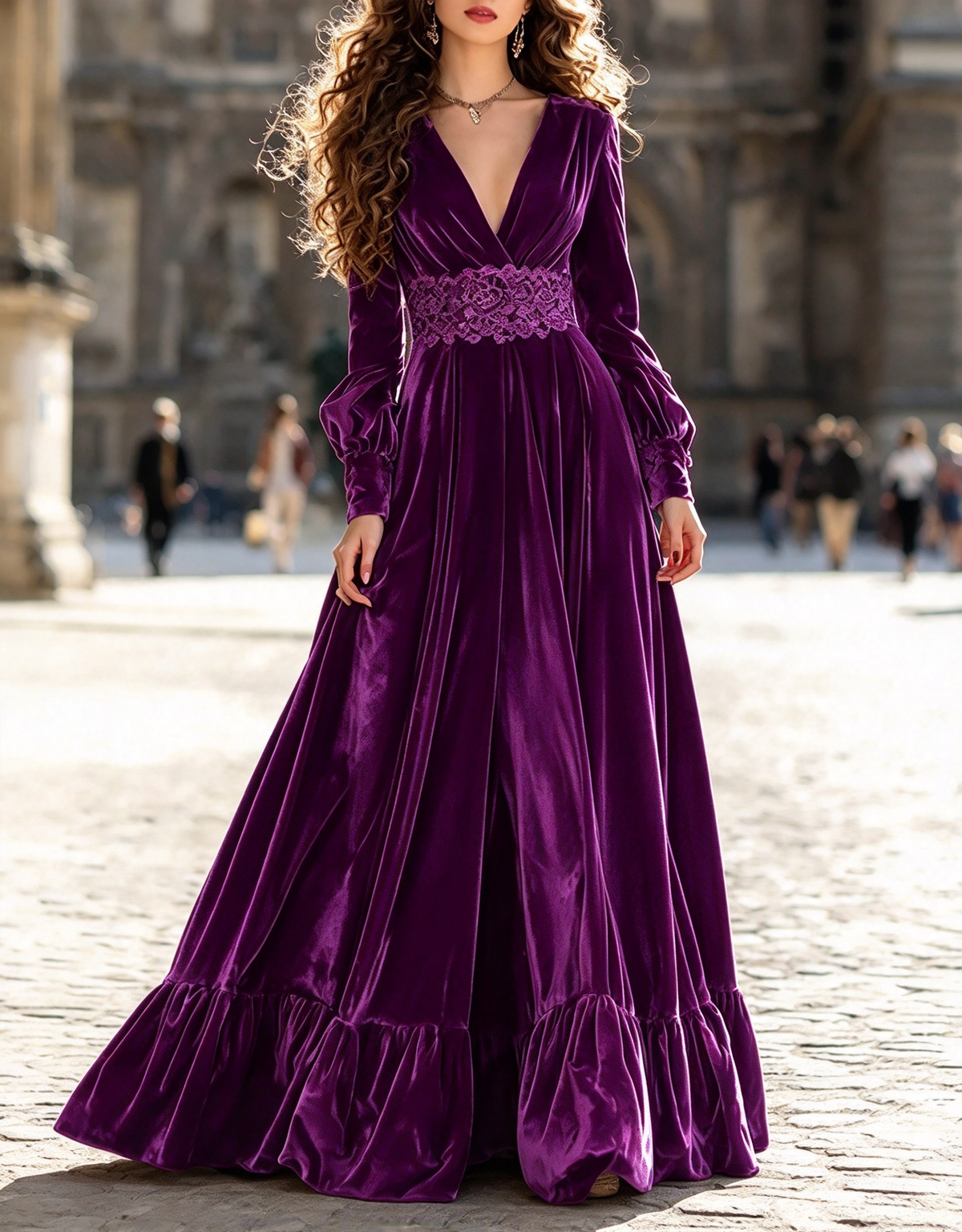 Vestido de noche largo acampanado de terciopelo con escote en V, mangas abullonadas, cintura de encaje y volantes