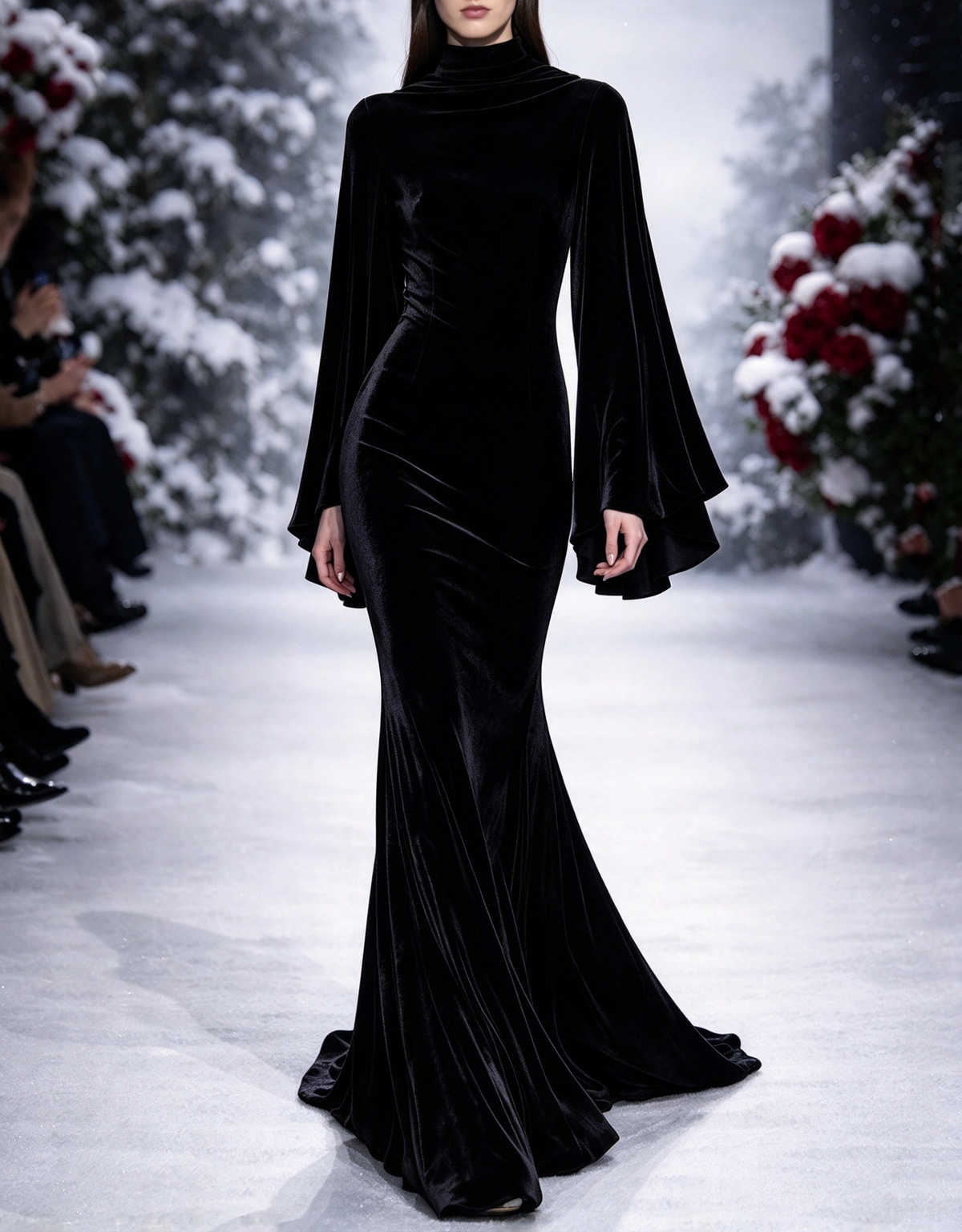 Vestido de noche largo de terciopelo estilo sirena, con cuello alto y mangas acampanadas