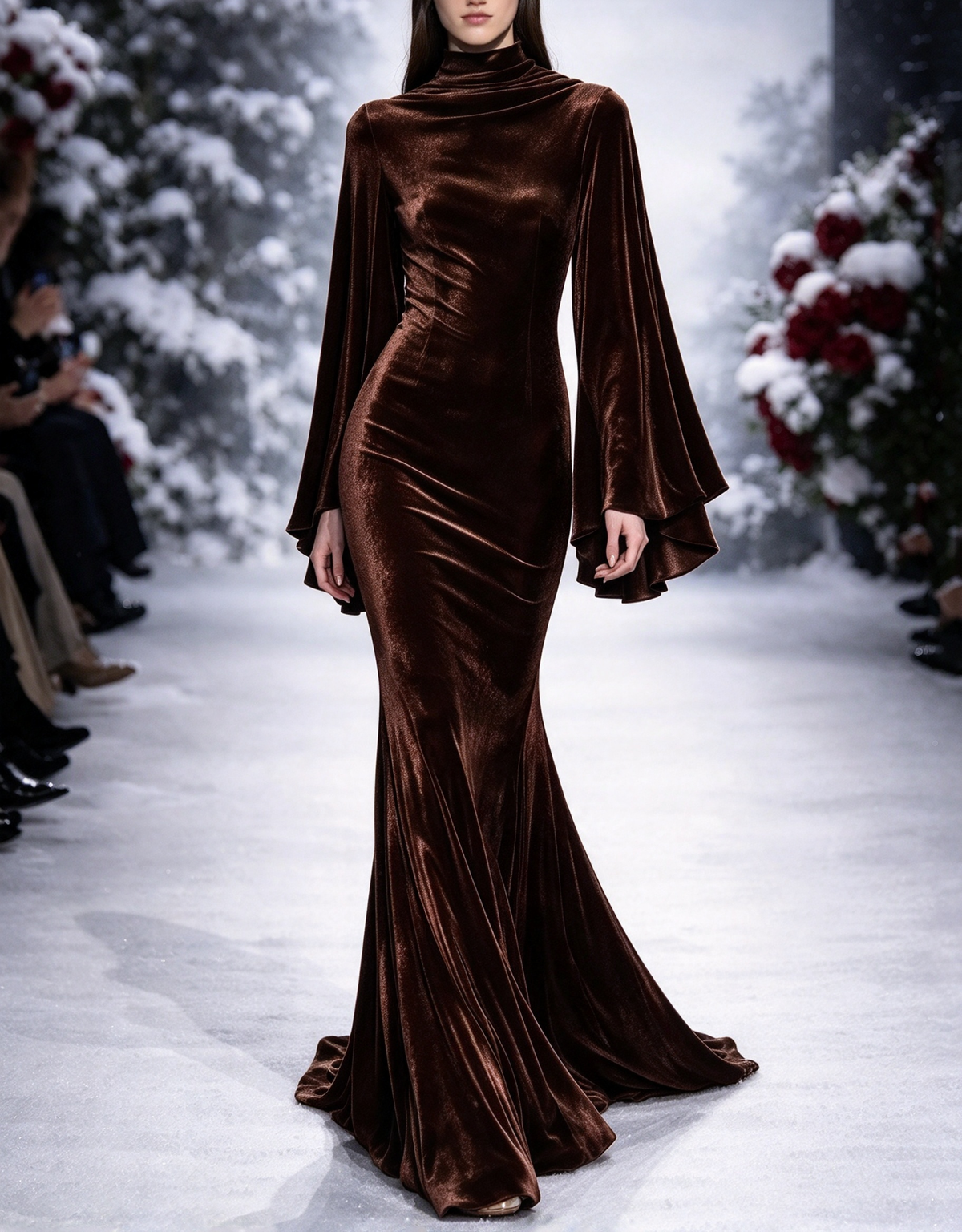 Vestido de noche largo de terciopelo estilo sirena, con cuello alto y mangas acampanadas