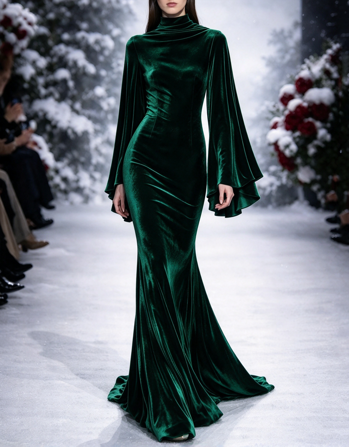 Vestido de noche largo de terciopelo estilo sirena, con cuello alto y mangas acampanadas