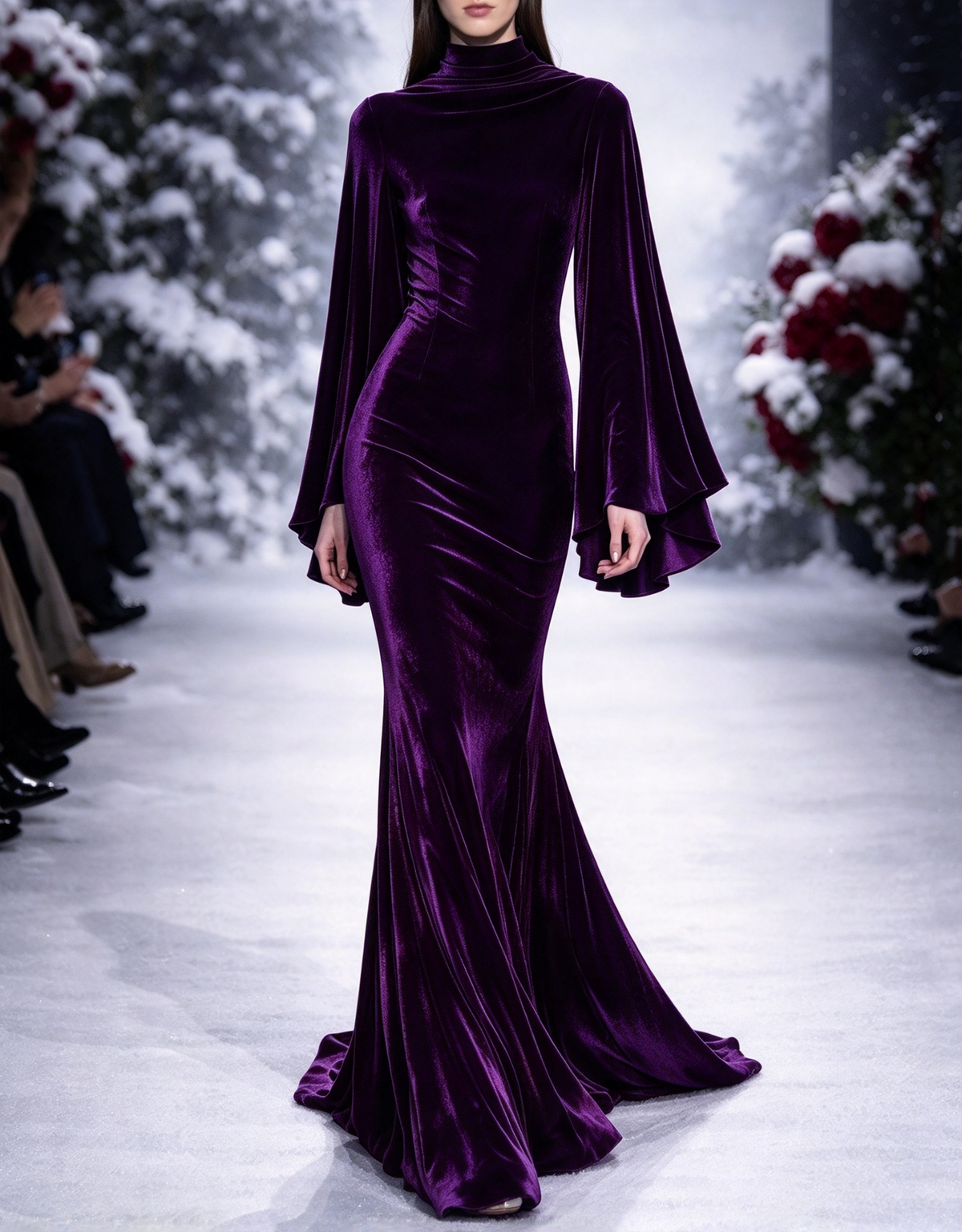 Vestido de noche largo de terciopelo estilo sirena, con cuello alto y mangas acampanadas