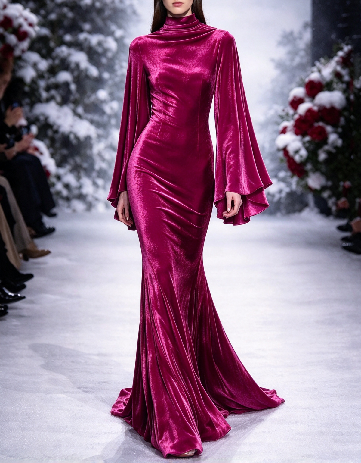 Vestido de noche largo de terciopelo estilo sirena, con cuello alto y mangas acampanadas