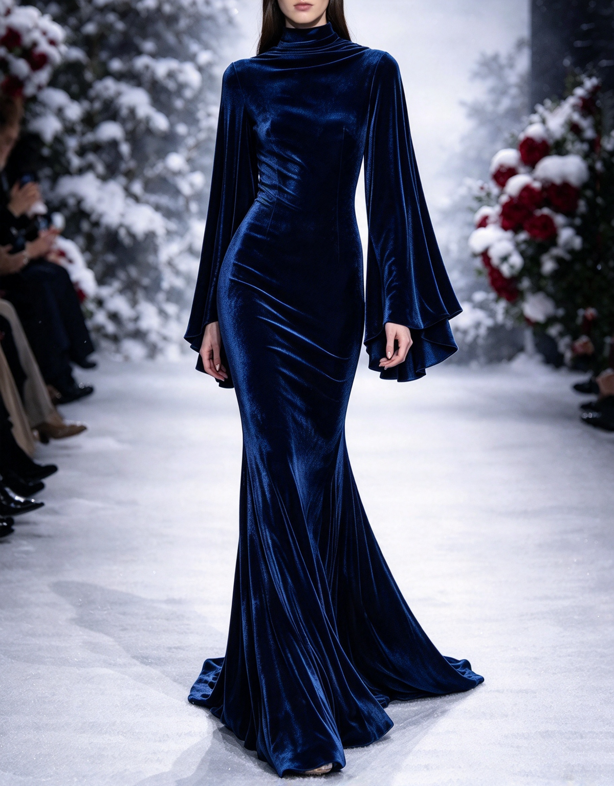 Vestido de noche largo de terciopelo estilo sirena, con cuello alto y mangas acampanadas