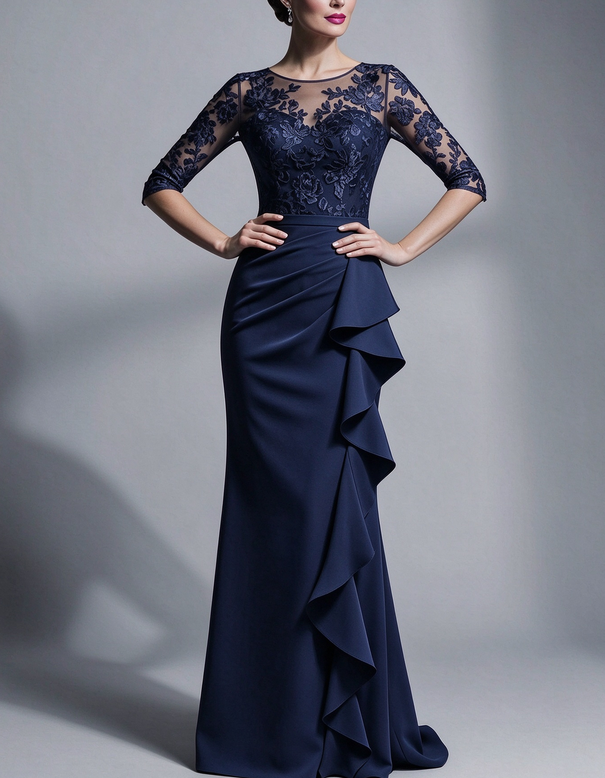 Lace Illusion Neck with Side Ruffle Maxi Dress