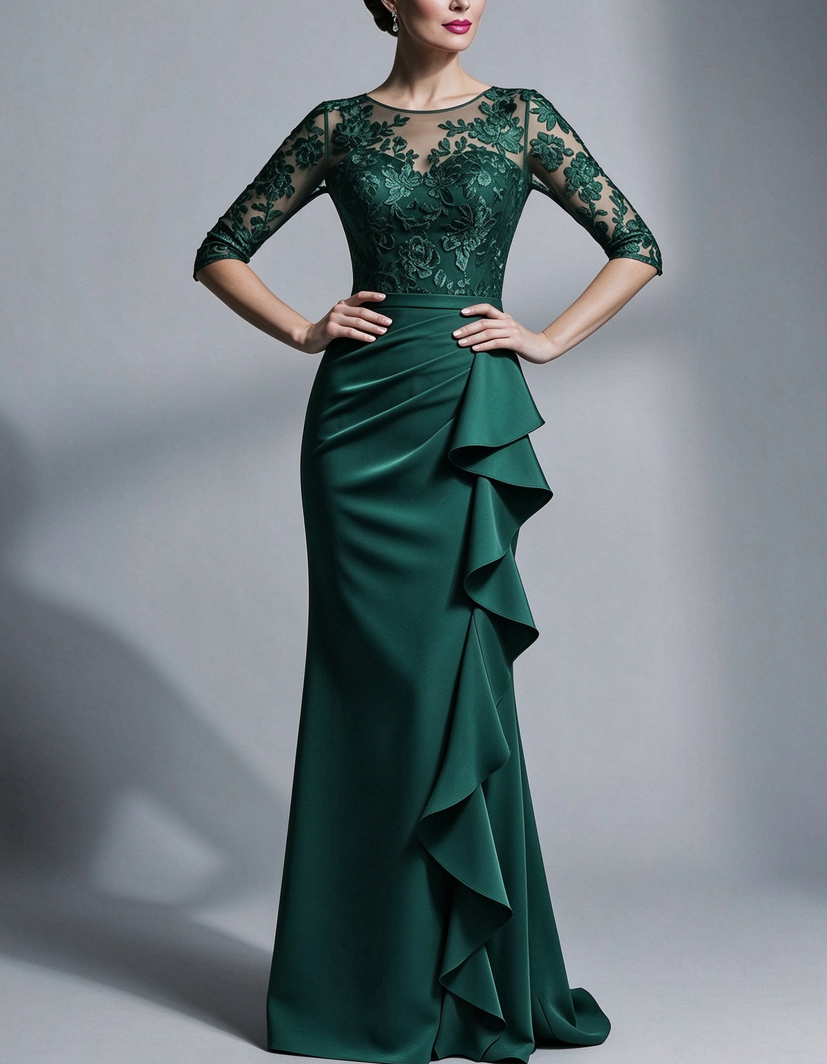 Lace Illusion Neck with Side Ruffle Maxi Dress