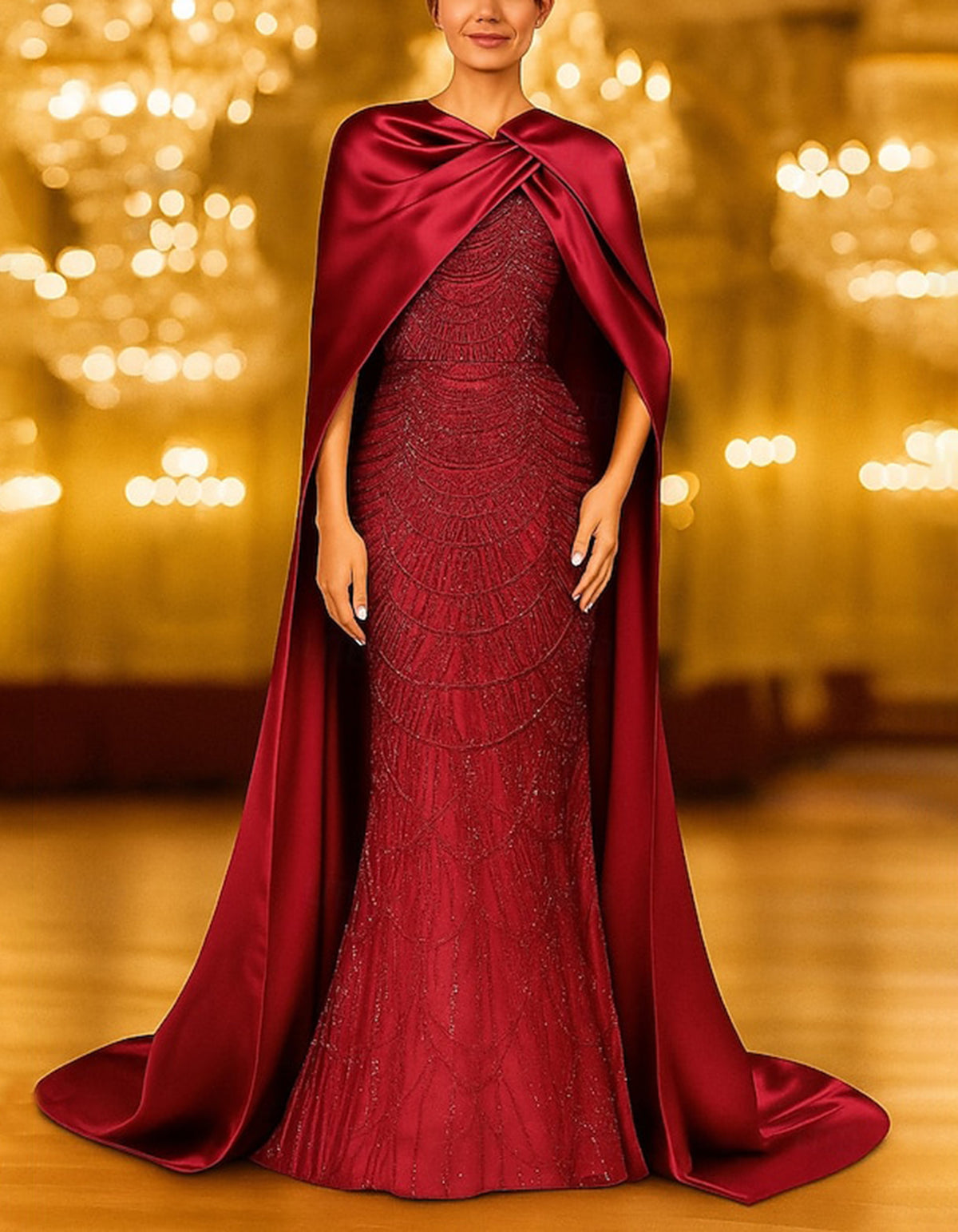 Robe longue sirène champagne doré avec cape torsadée et perles