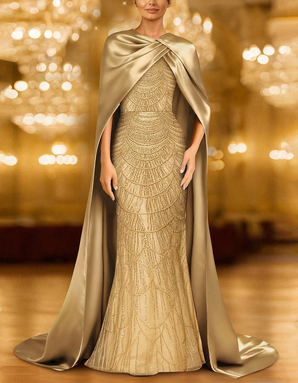 Robe longue sirène champagne doré avec cape torsadée et perles