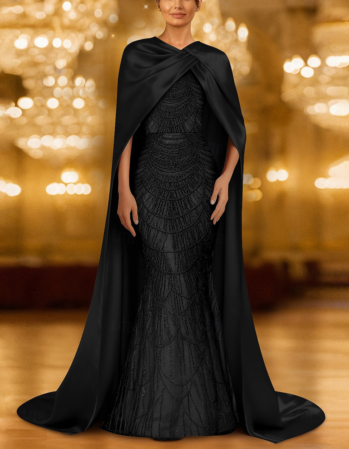 Robe longue sirène champagne doré avec cape torsadée et perles