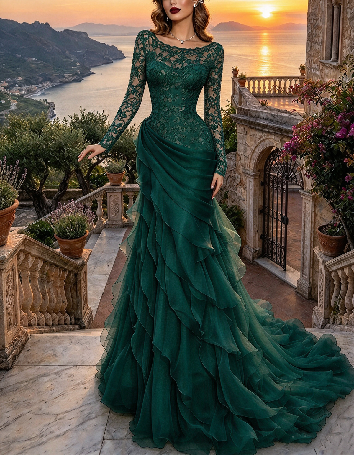 Marineblaues Spitzen- und Chiffon-Meerjungfrau-Maxikleid mit Rüschen